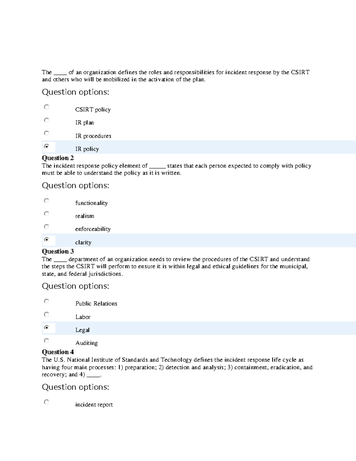 Quiz 4 - 80 Questions on Incident Response Policies and Procedures ...