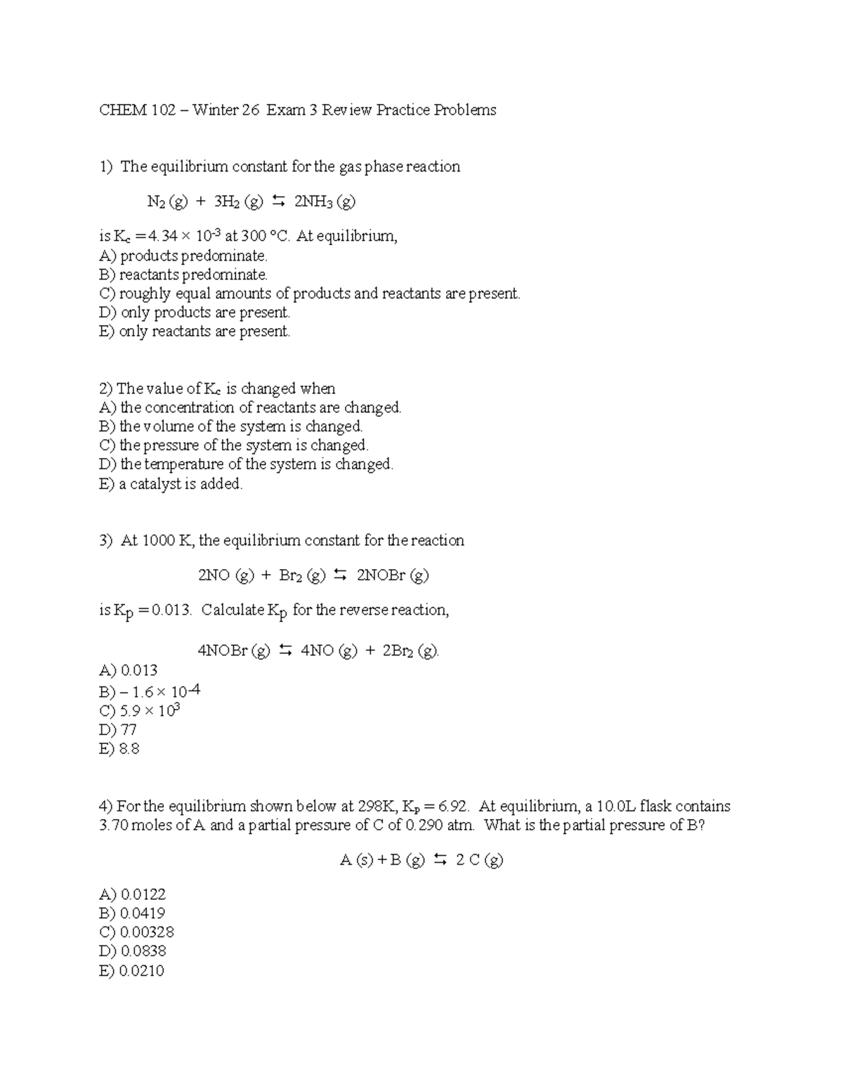 CHEM 102 W26 Exam 3 Review: Equilibrium Practice Problems - Studocu