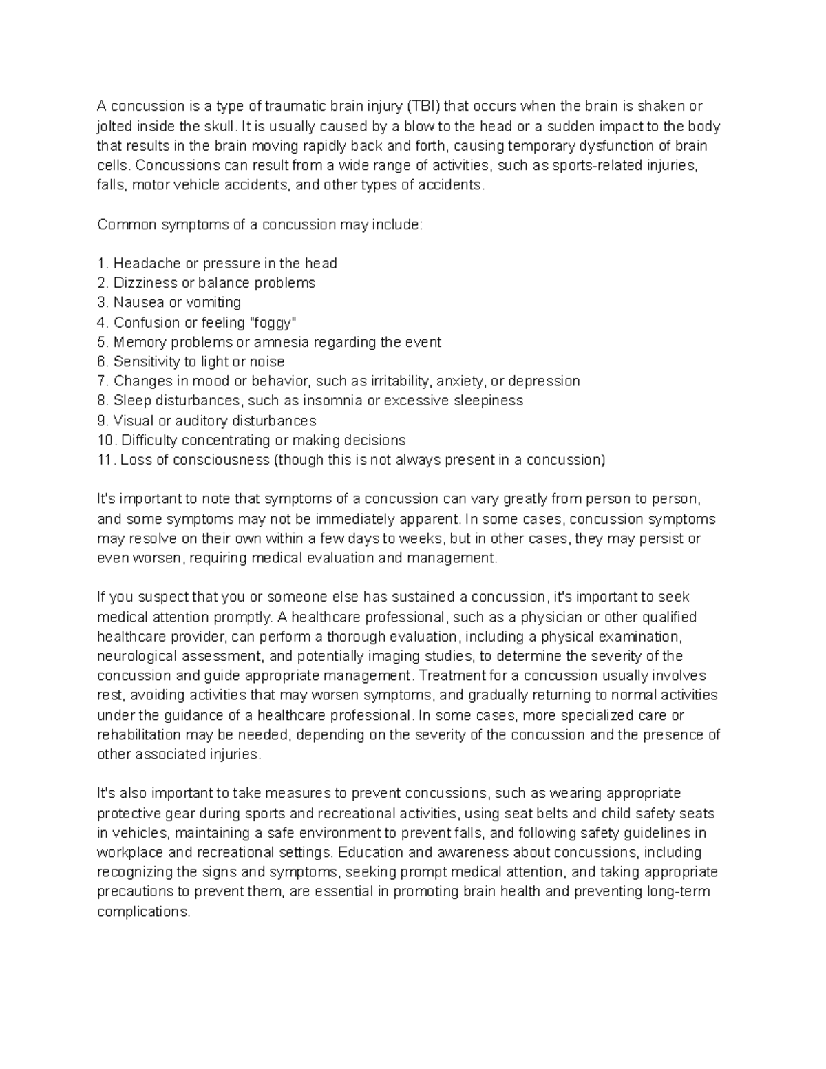 Concussion - NOTES - A concussion is a type of traumatic brain injury ...