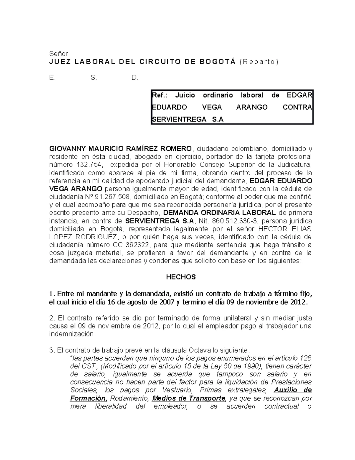 demanda laboral - Modelo Demanda Ordinaria Laboral DE Unica Instancia ...