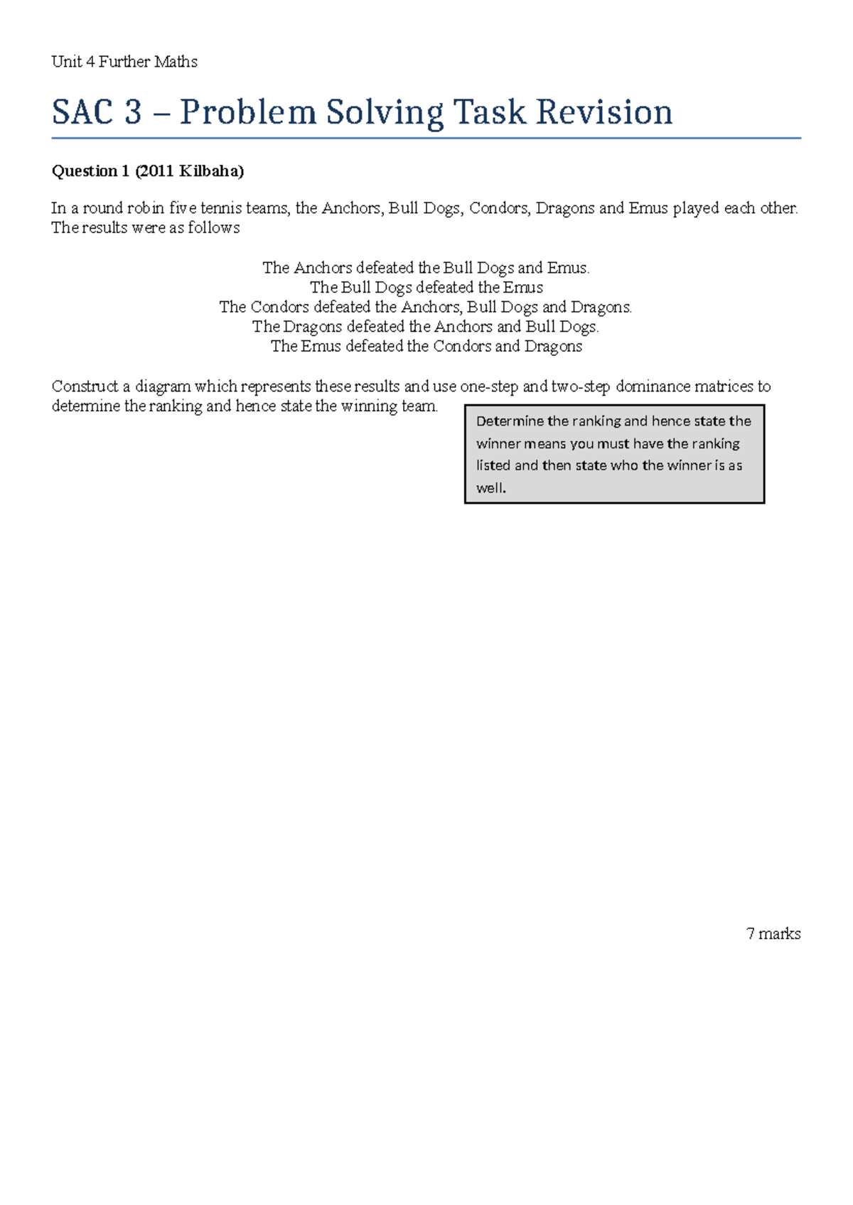 SAC 3 Matrices Revision for Further Maths Unit 4 - Studocu