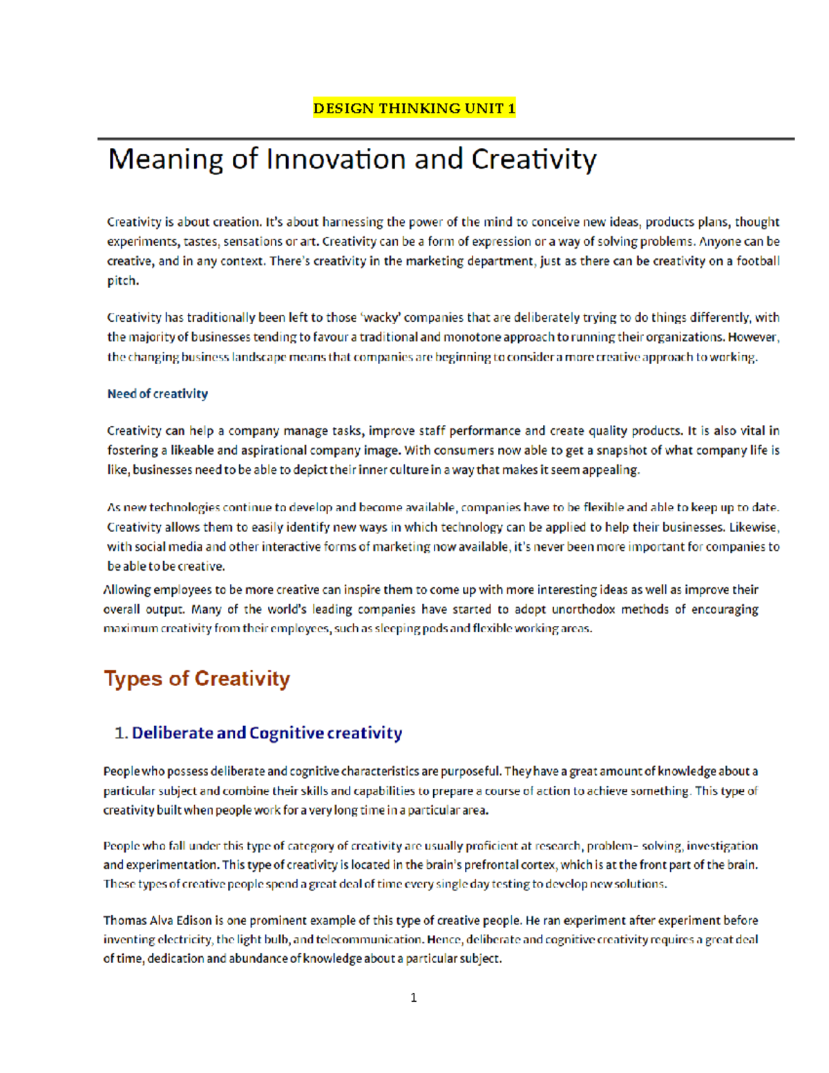 DT unit 1 notes - none - DESIGN THINKING UNIT Boosting Your Creativity ...