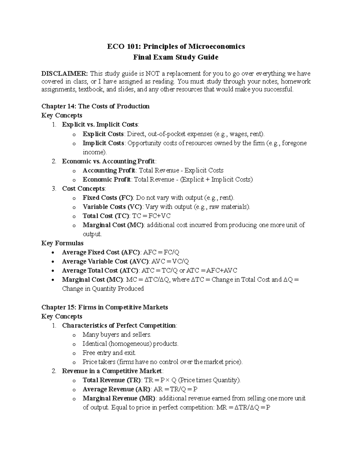 ECO 101: Principles of Microeconomics Final Exam Study Guide - Studocu