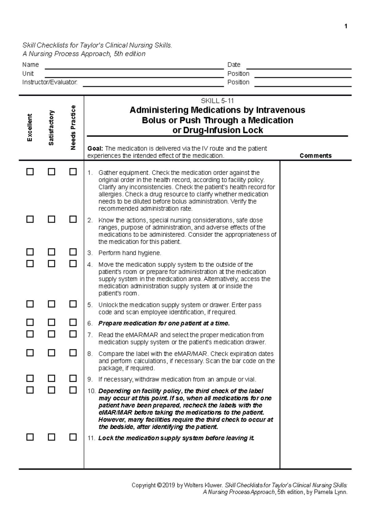 Skill 5-11 IV Push - Skill Checklists for Taylor’s Clinical Nursing ...