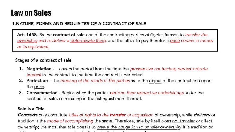RFBT - Chapter 1 - Law on Sales - Law on Sales 1, FORMS AND REQUISITES ...