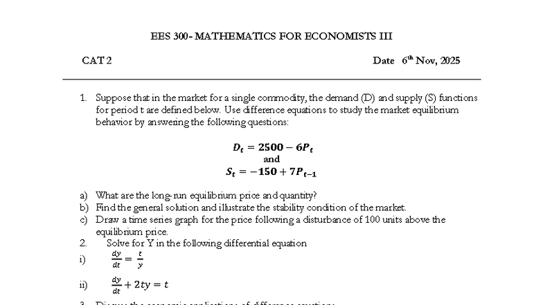 EES 300 CAT 2 2025 - Mathematics for Economists Revision Notes - Studocu