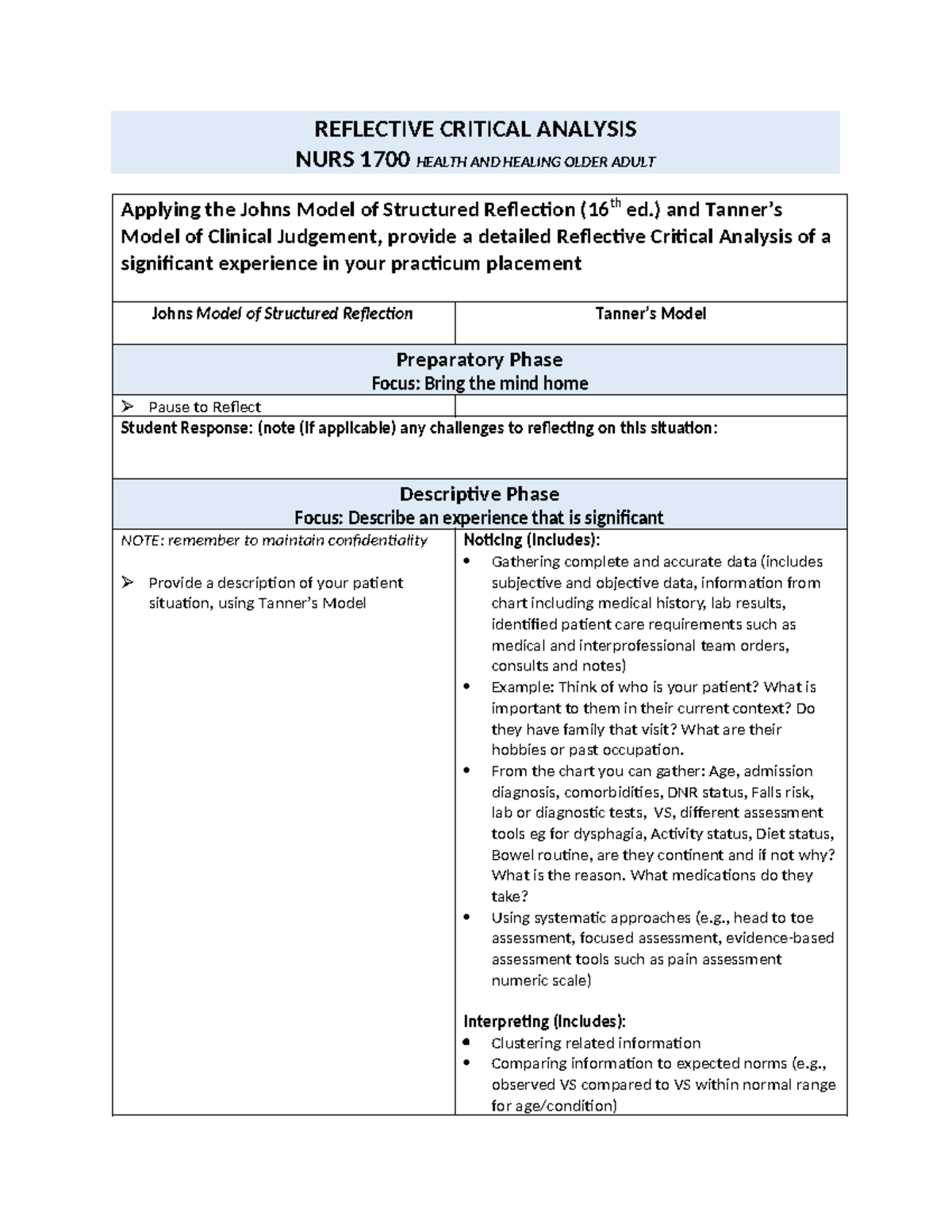 Reflective Critical Analysis Template for NURS 1700 Practicum ...