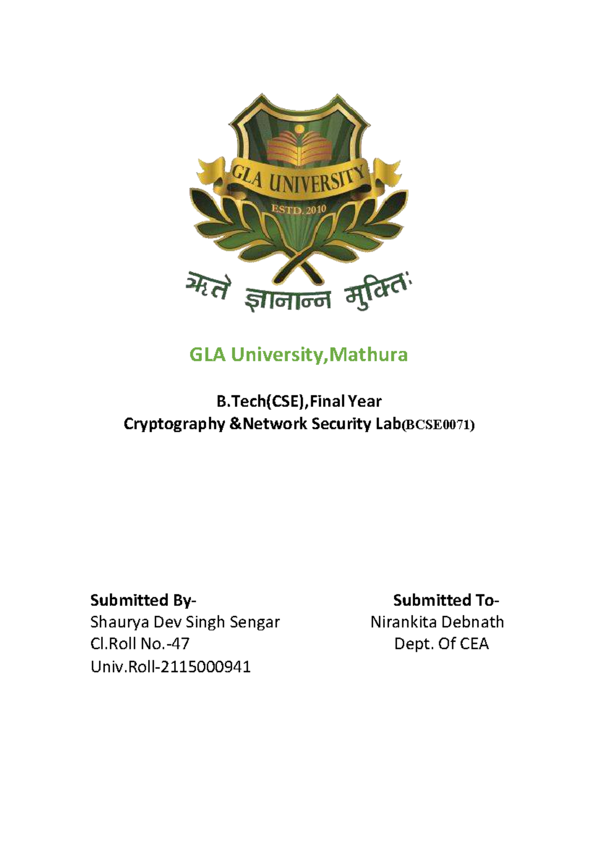 GLA University B.Tech(CSE) Final Year Cryptography Lab Report (BCSE0071 ...