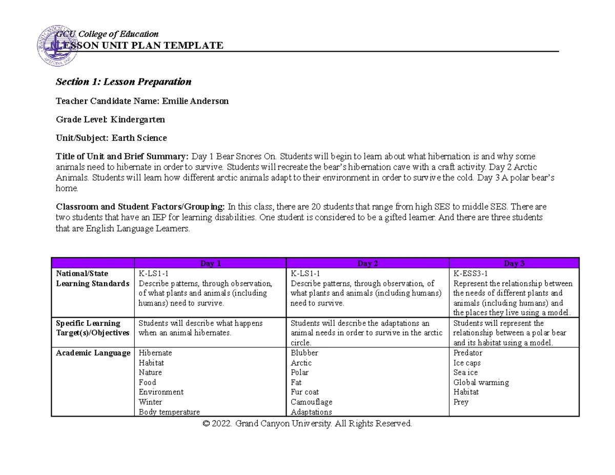 Unit Plan Outline Ece 460