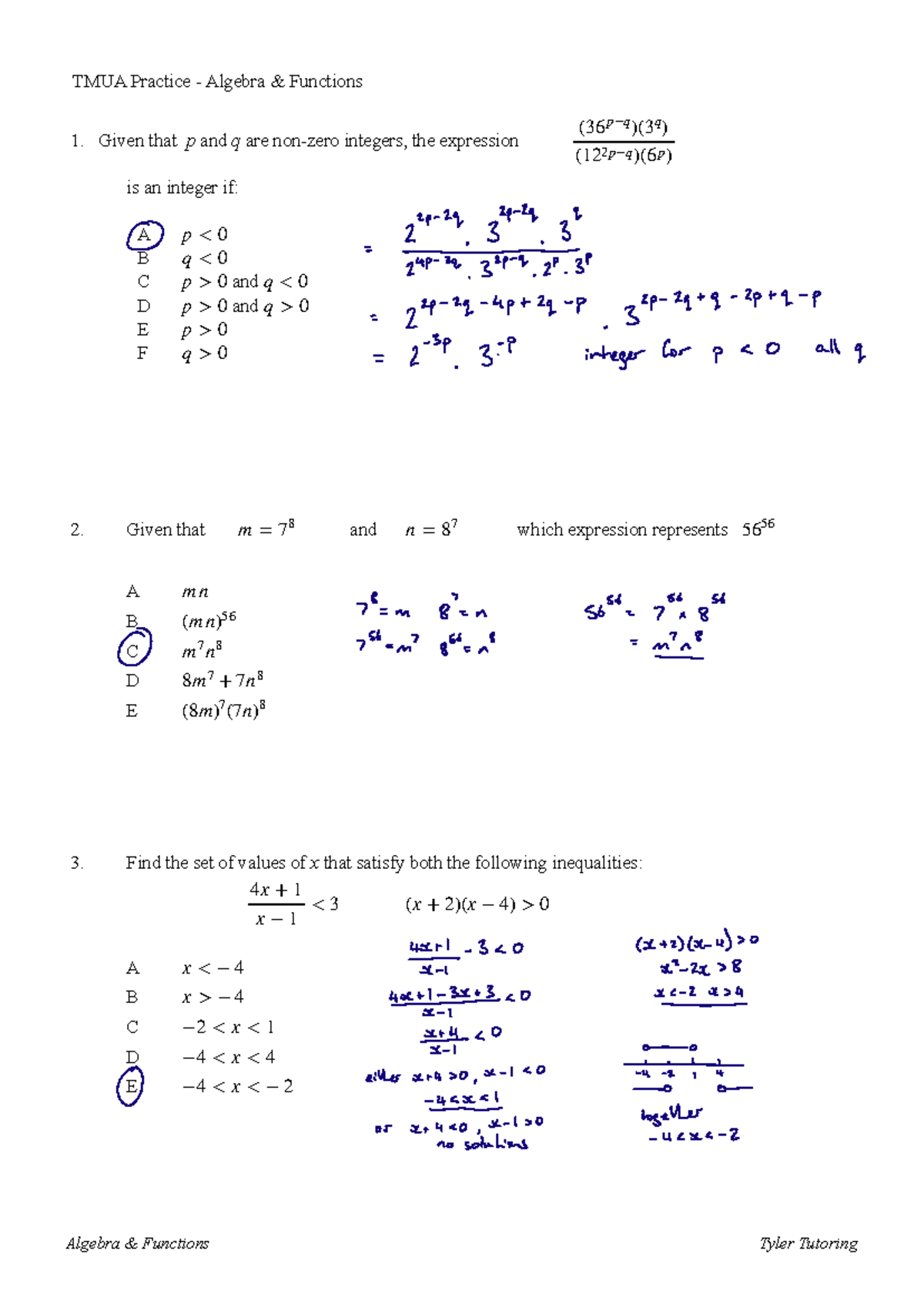 Algebra Functions MC Answers (TMUA) - Studocu