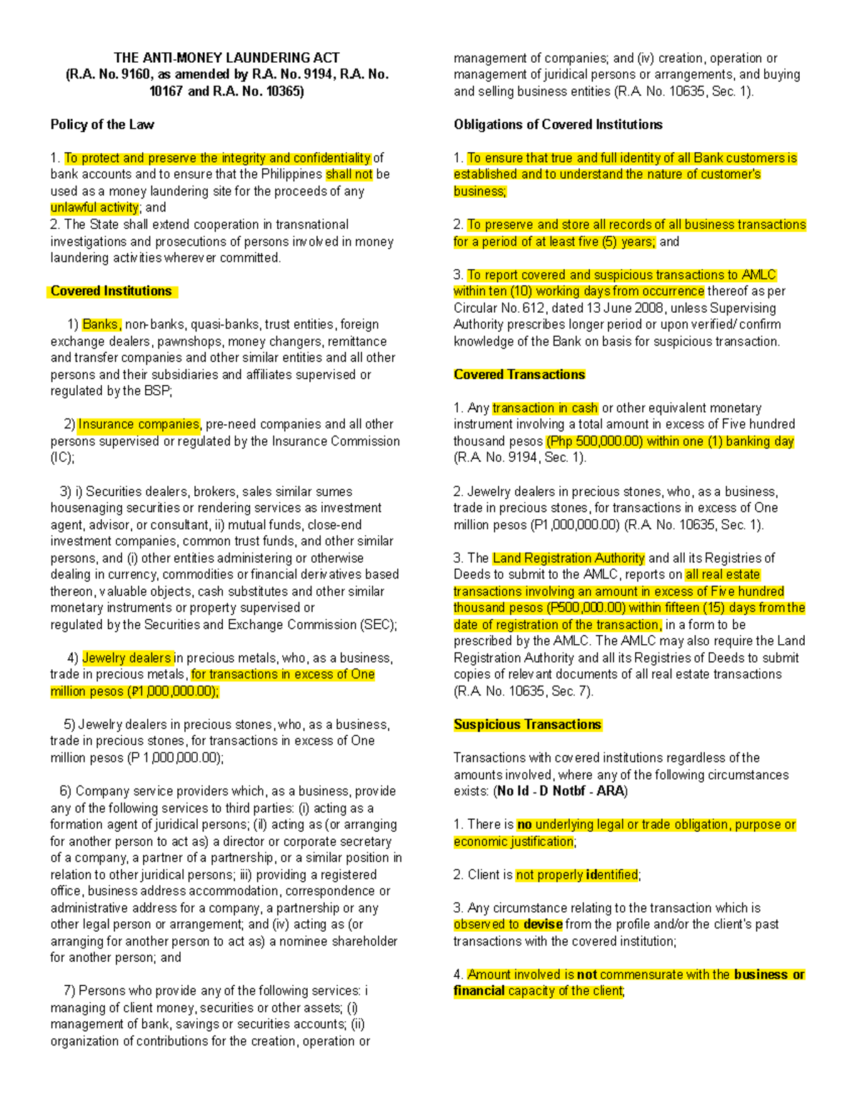 AMLA- Notes on the Anti-Money Laundering Act - RFBT AMLA - Studocu