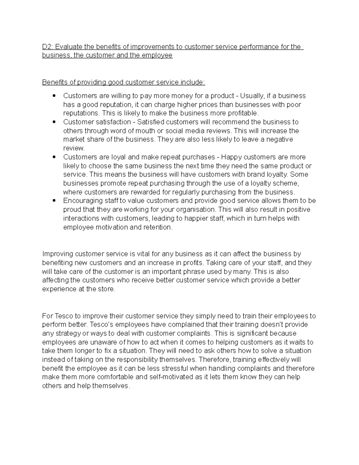 Unit 14 Assignment 1 D2 - Benefits of Improving Customer Service - Studocu