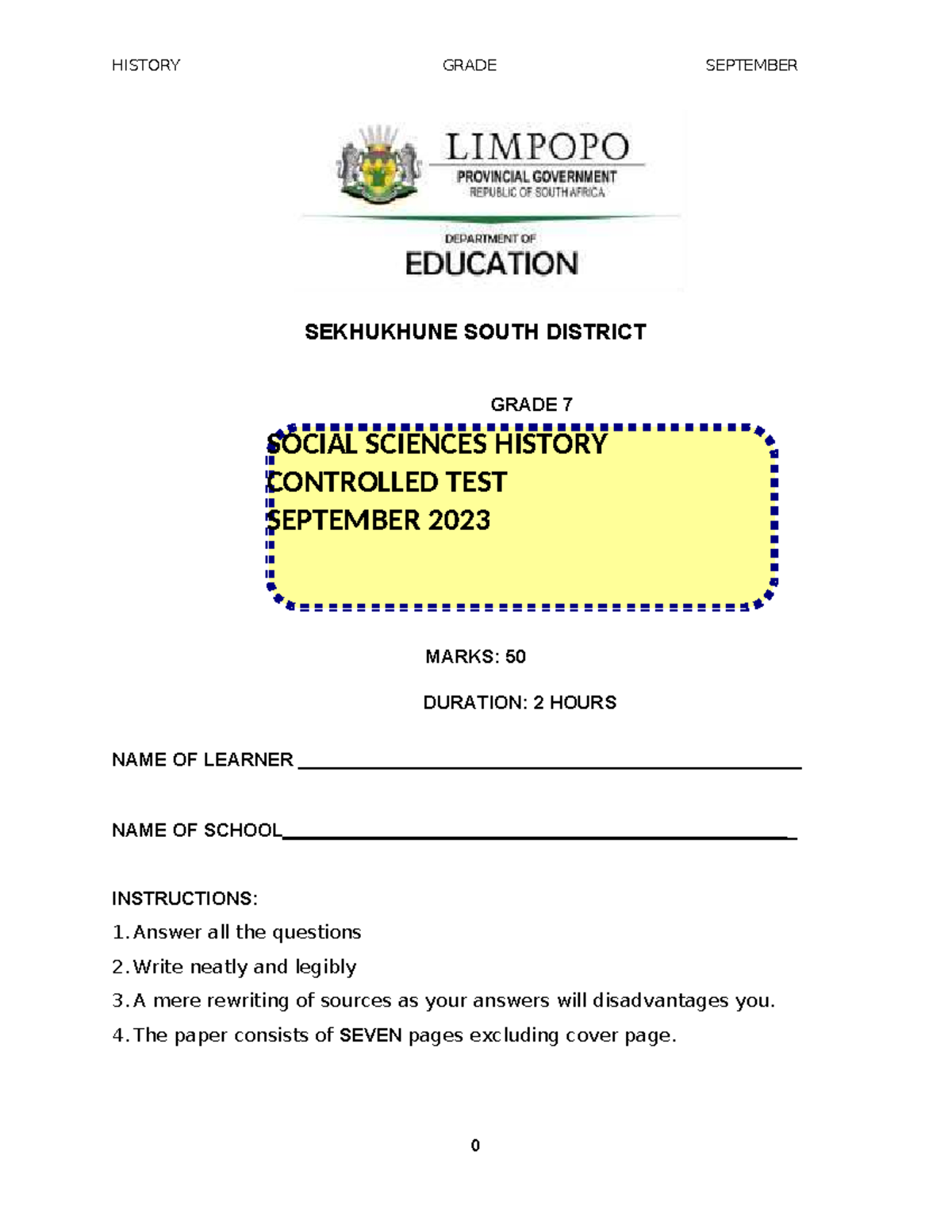 HISTORY GRADE 7 SOCIAL SCIENCES CONTROLLED TEST SEPT 2024 - Studocu