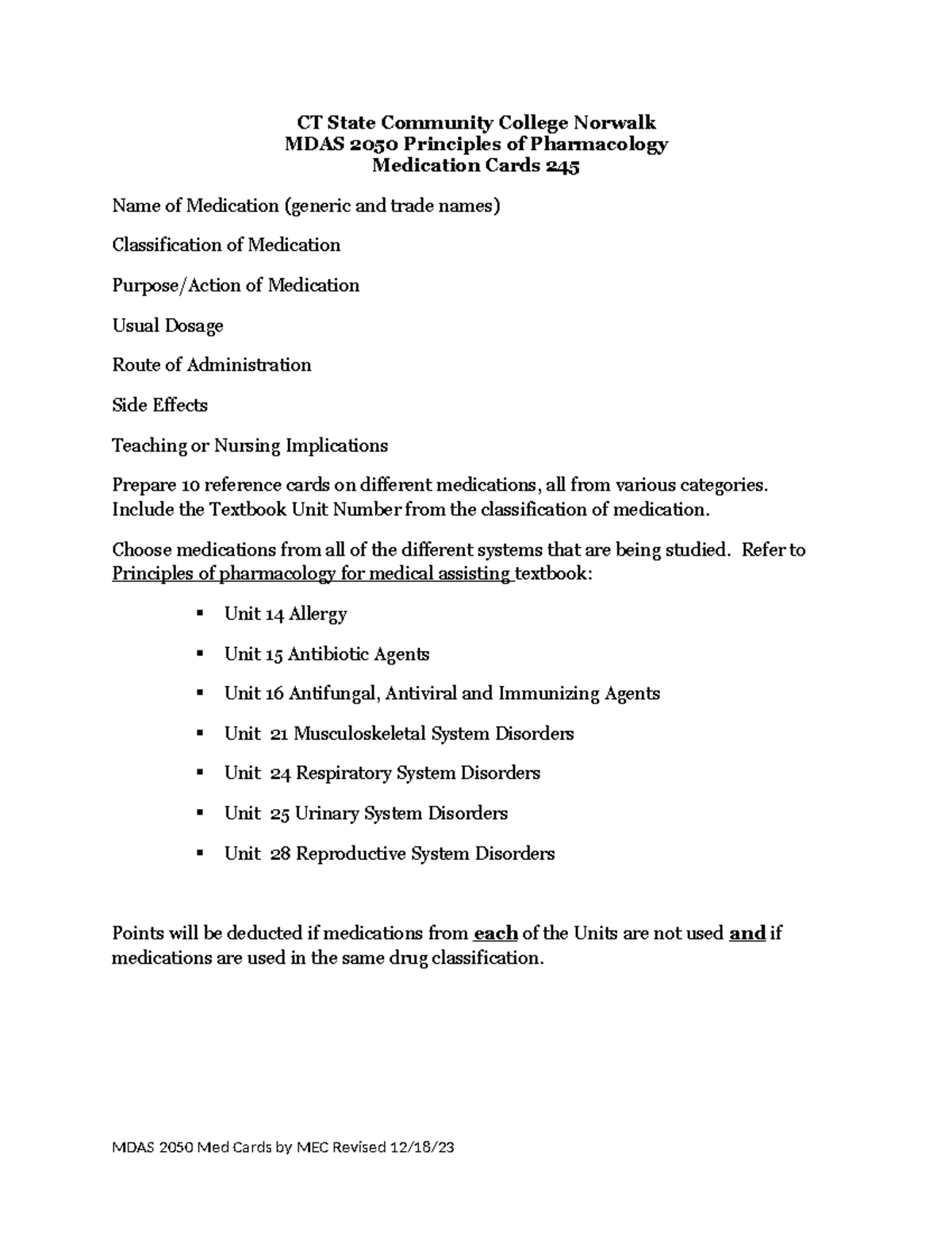 MDAS 2050 Final Exam Medication Cards for Pharmacology Principles - Studocu