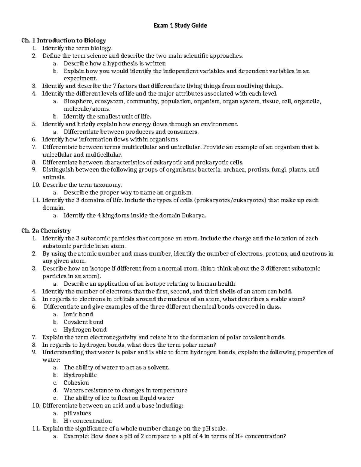 Biology 101: Exam 1 Study Guide - Ch. 1-3 Overview and Key Concepts ...