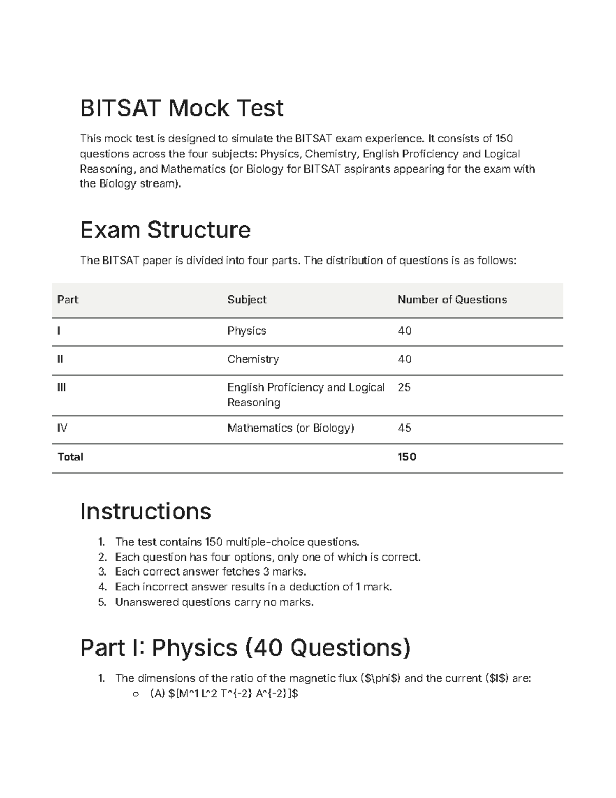 BITSAT Mock Test: Comprehensive Practice for BITS Pilani Entrance Exam ...
