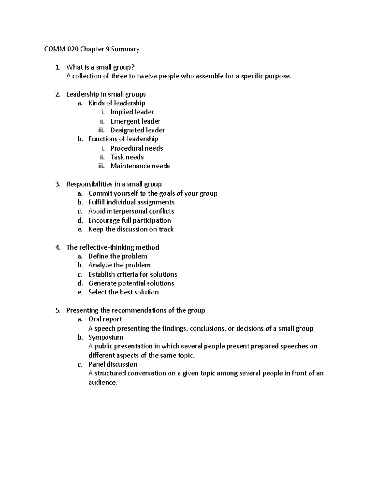 COMM 020 Chapter 9 Summary - COMM 020 Chapter 9 Summary What is a small ...