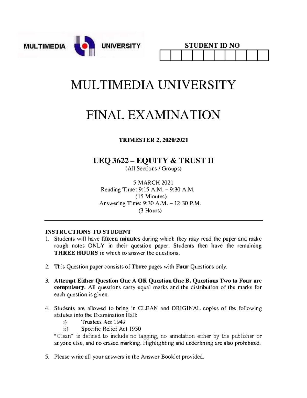 UEQ 3622 Equity Trust II Final Exam Past Year Paper (Trimester 2, 2021 ...