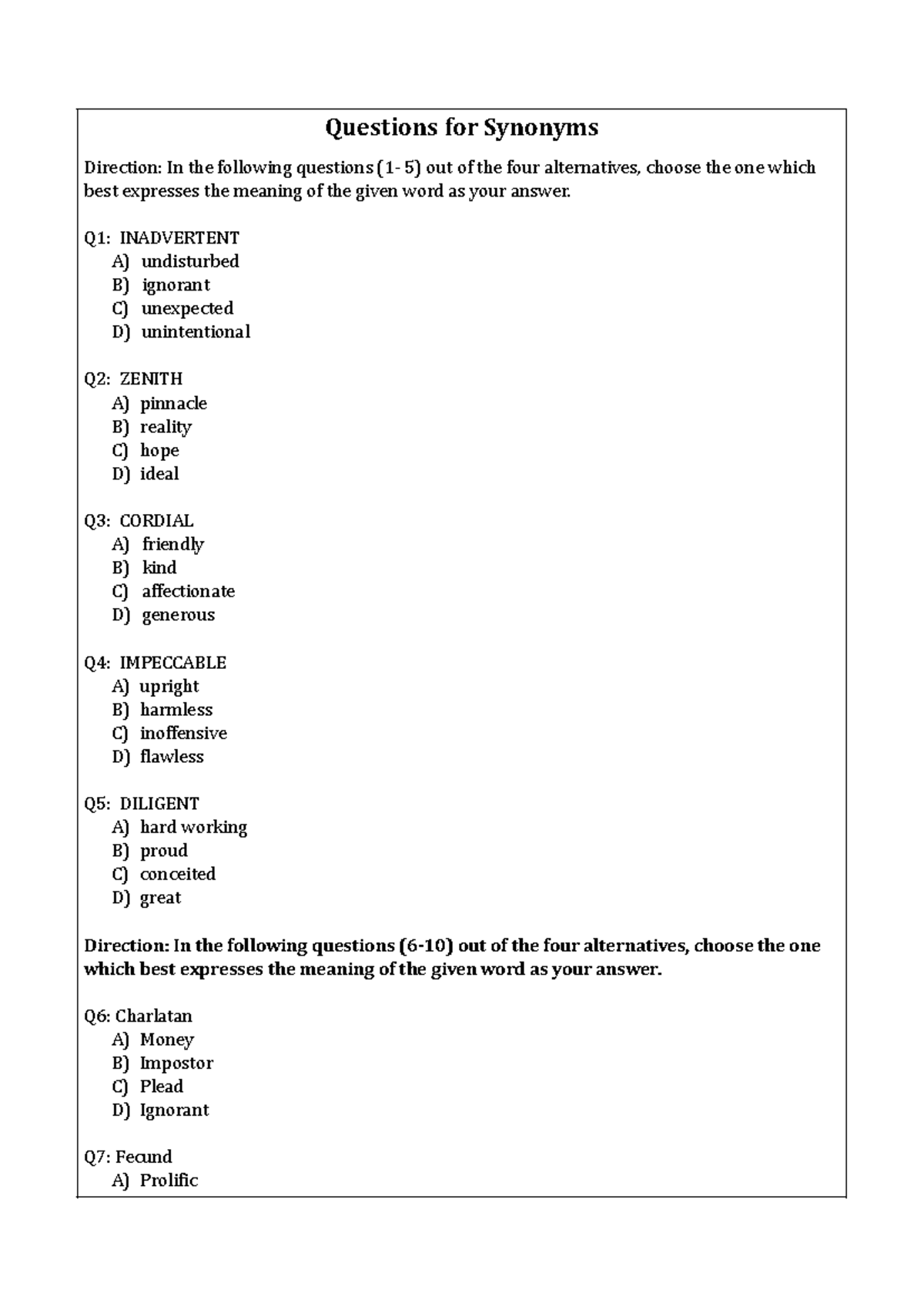 Synonyms and Antonyms Questions - Questions for Synonyms Direction: In ...