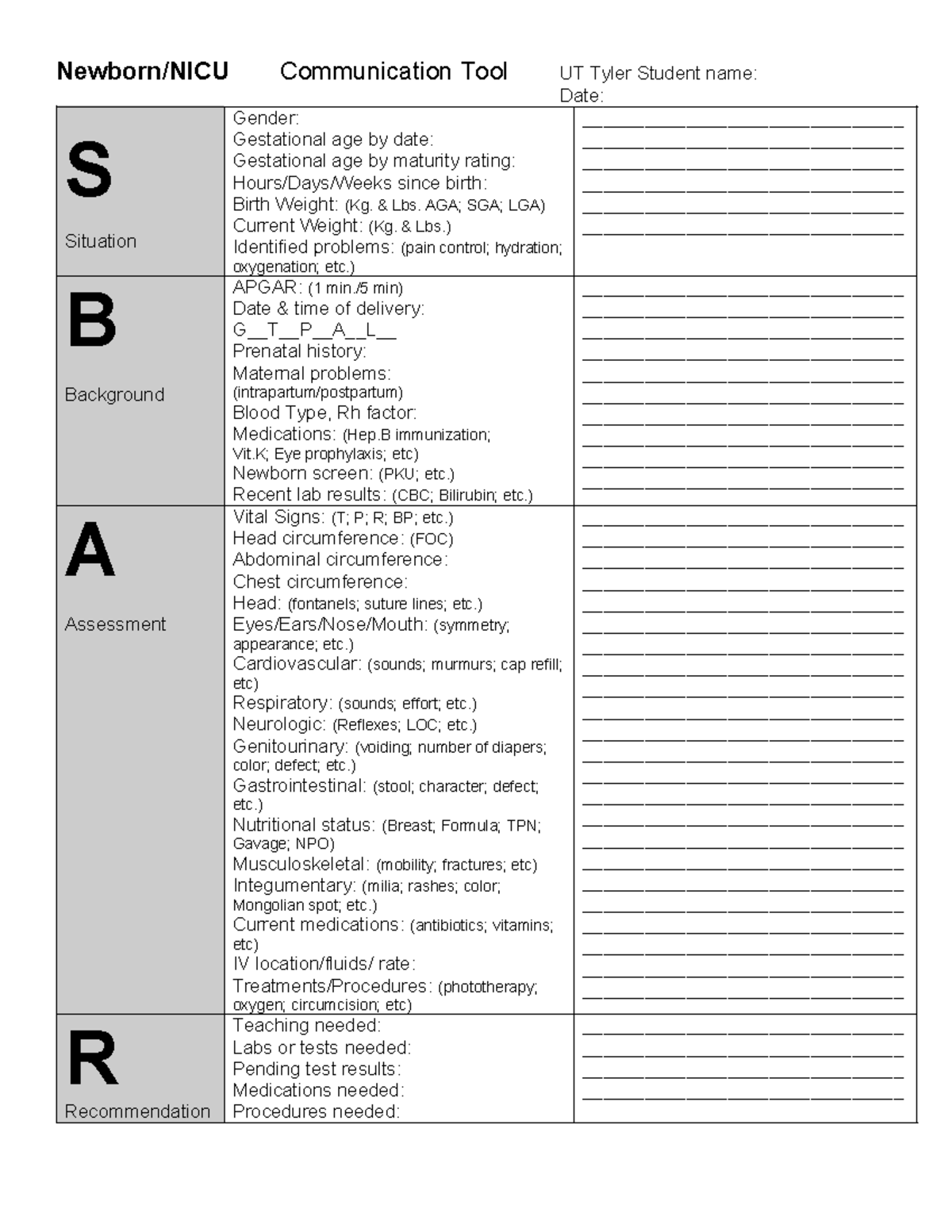 SBAR Communication Tool for Newborn NICU Assessment - Studocu