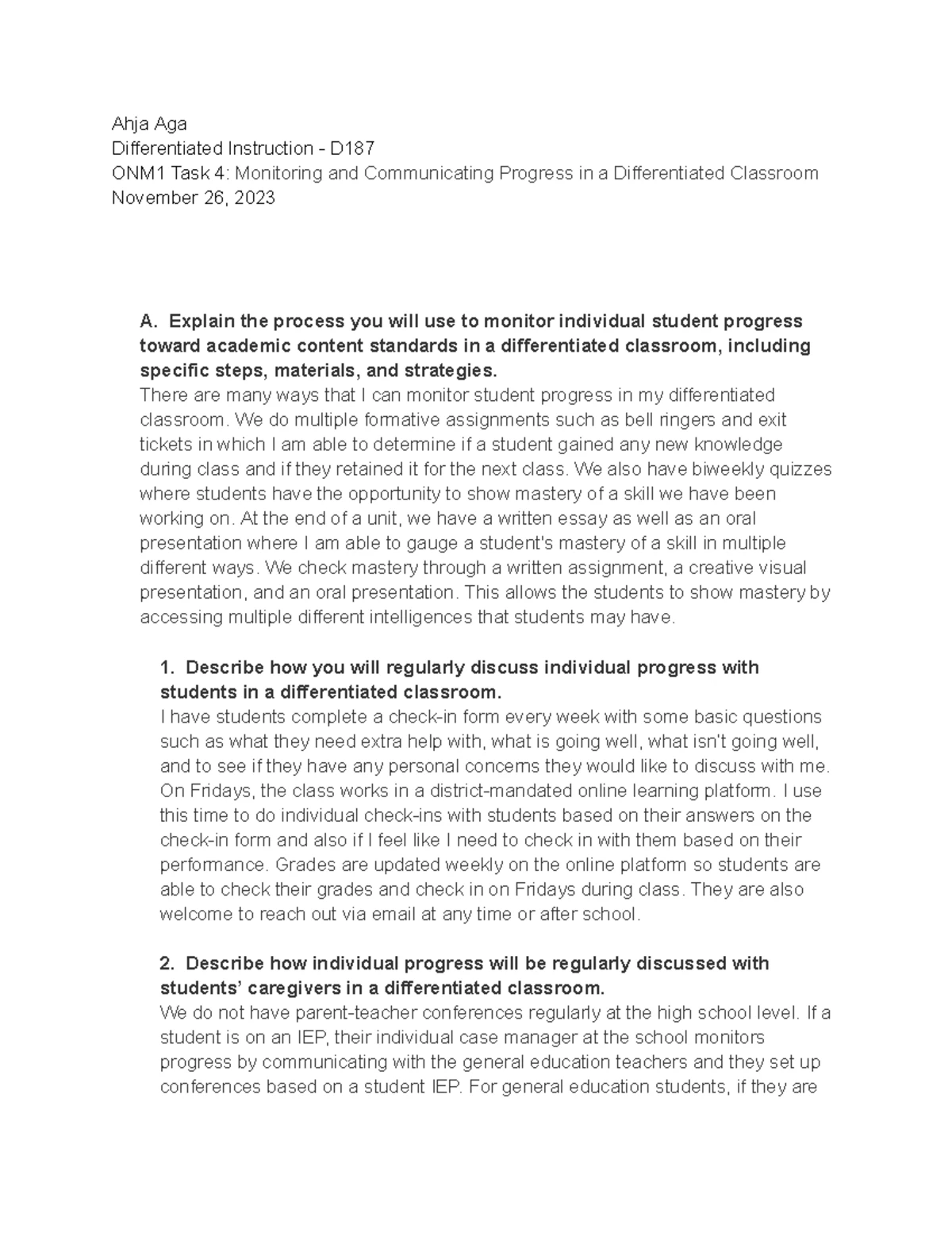 D187 Task 2: Strategies for Differentiated Instruction in PE - Studocu