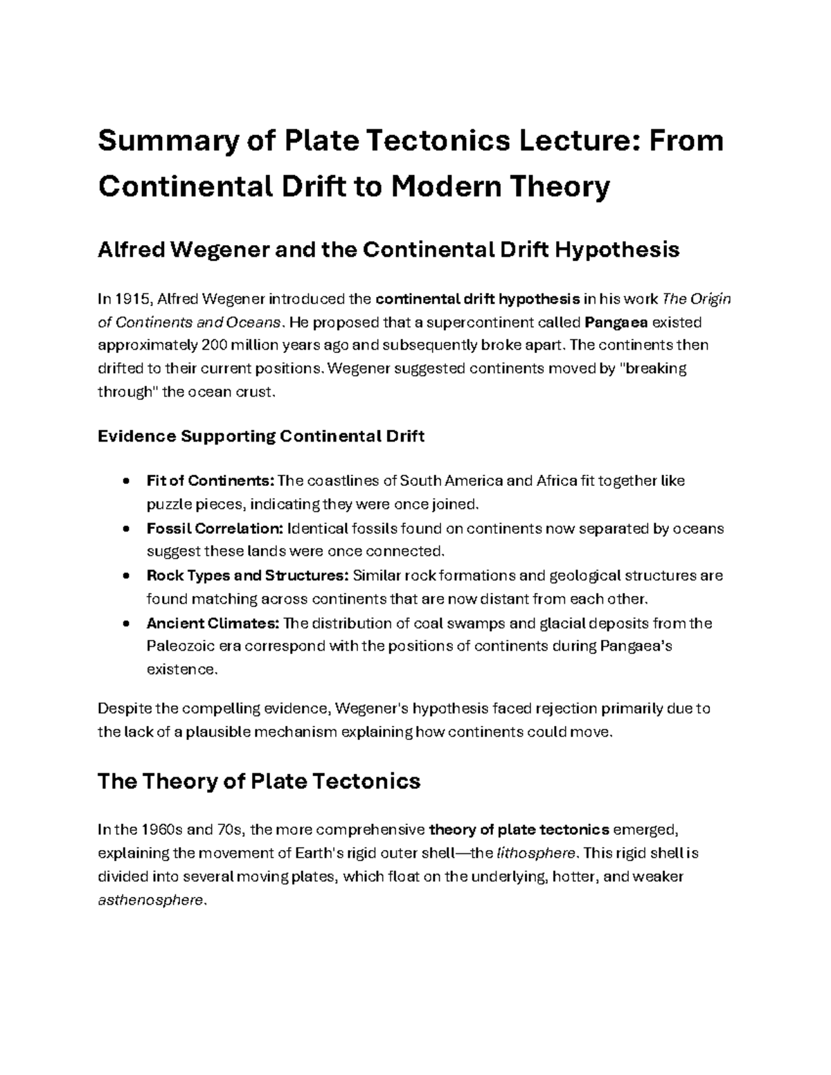Detailed Summary of Plate Tectonics Lecture (Course Code: PT101) - Studocu