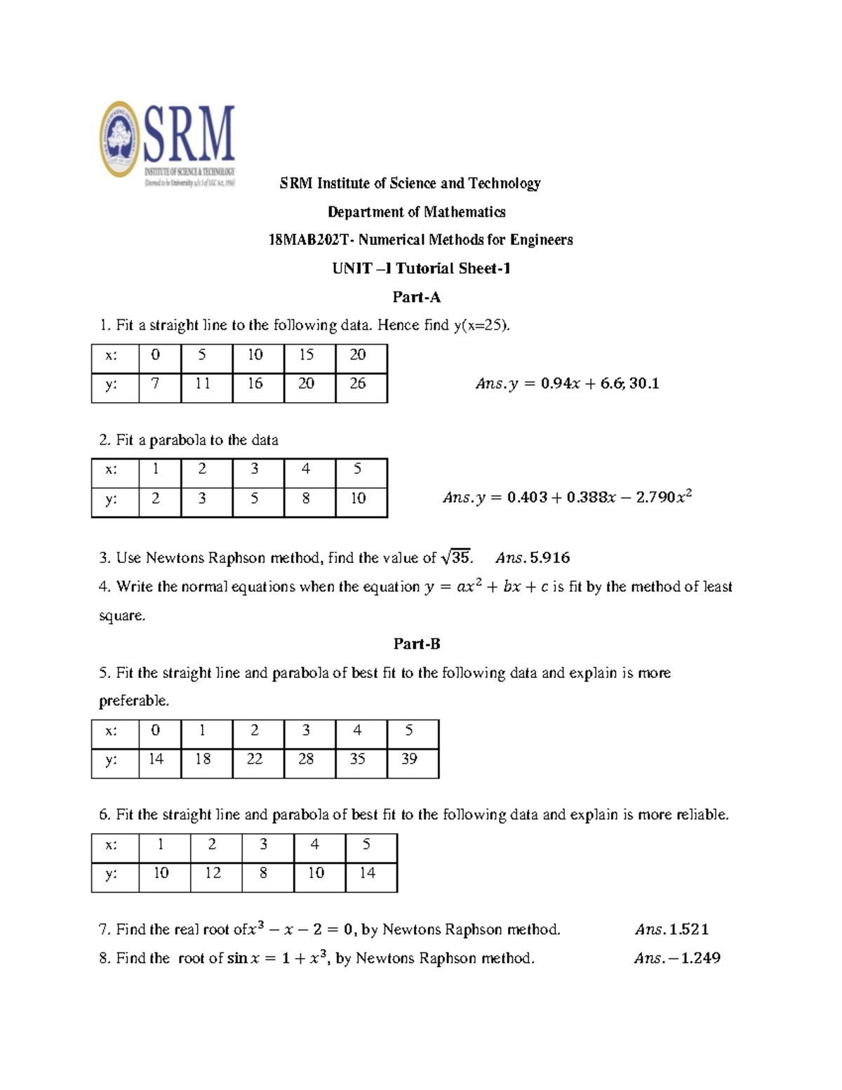 18MAB202T Unit-1 Tutorial-1 - SRM Institute of Science and Technology ...