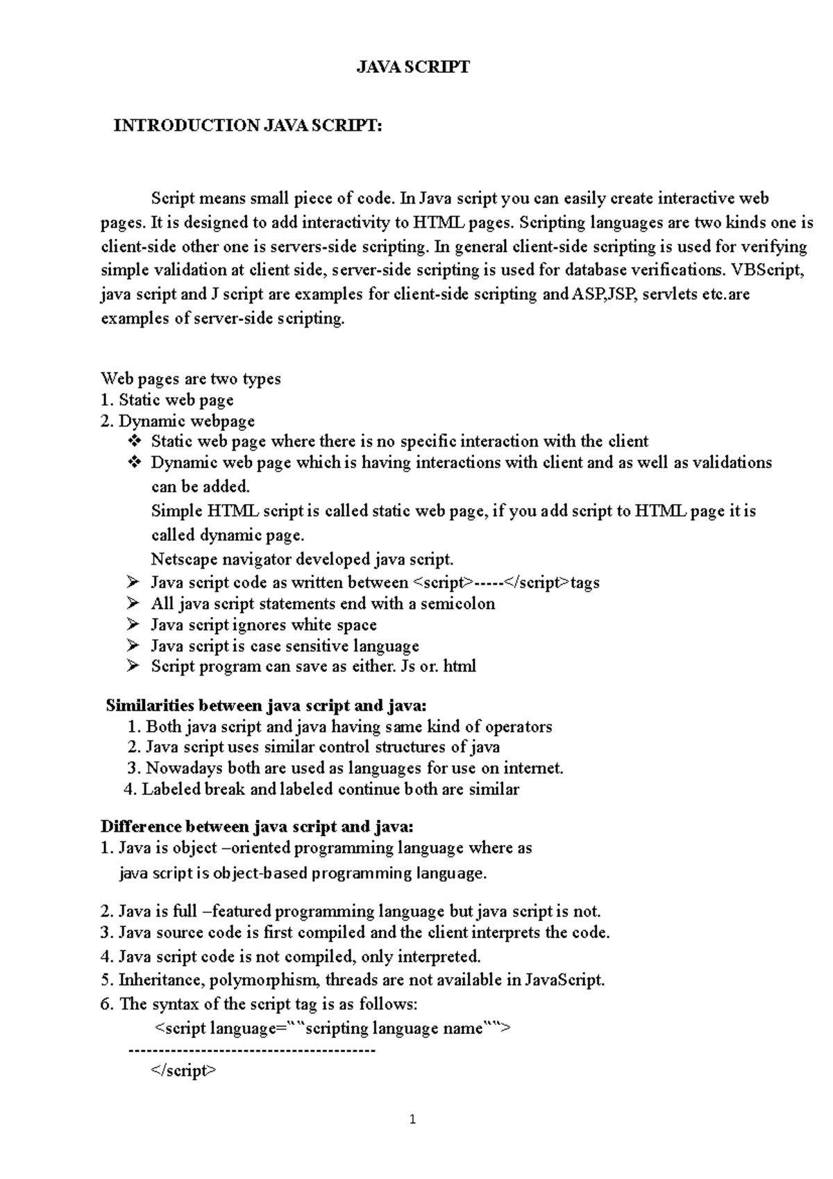 AJWT UNIT-1 - notes for the b.tech - JAVA SCRIPT INTRODUCTION JAVA ...