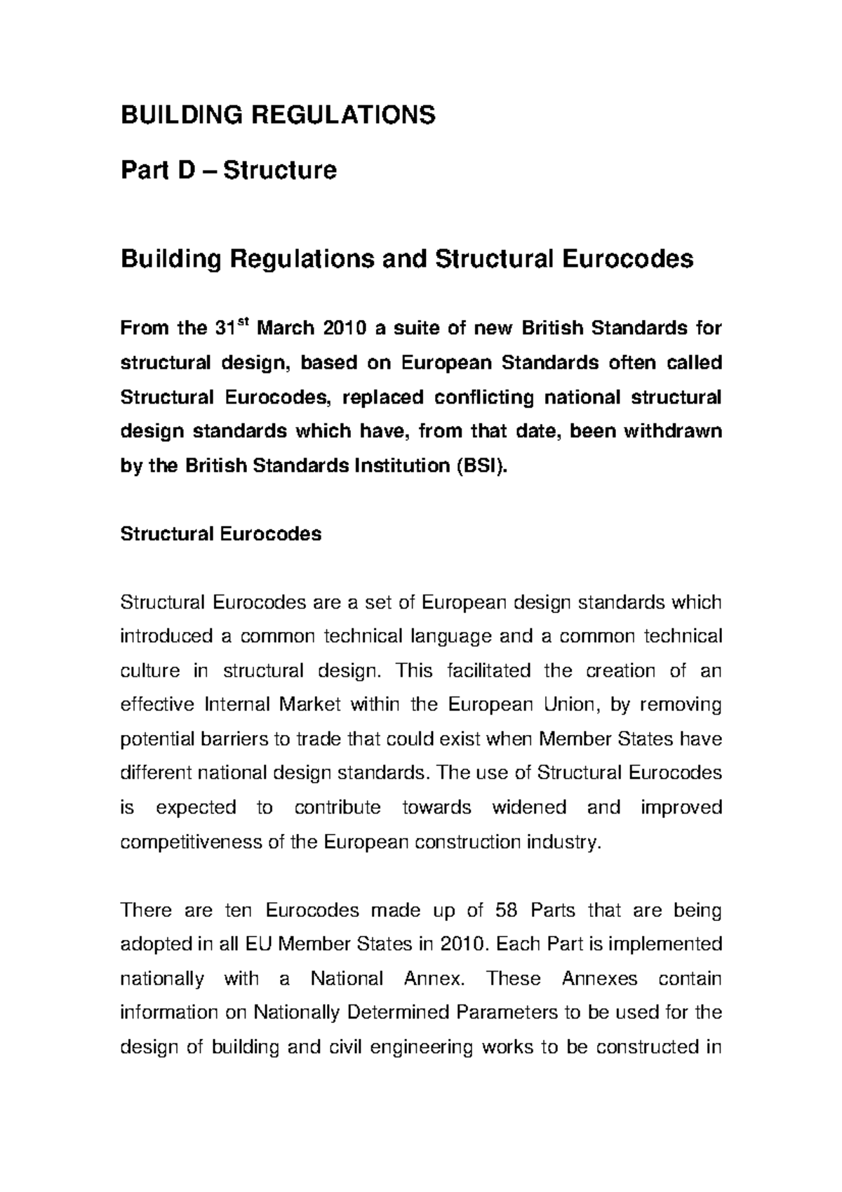 Building Regulations Part D: Structural Eurocodes Overview - Studocu