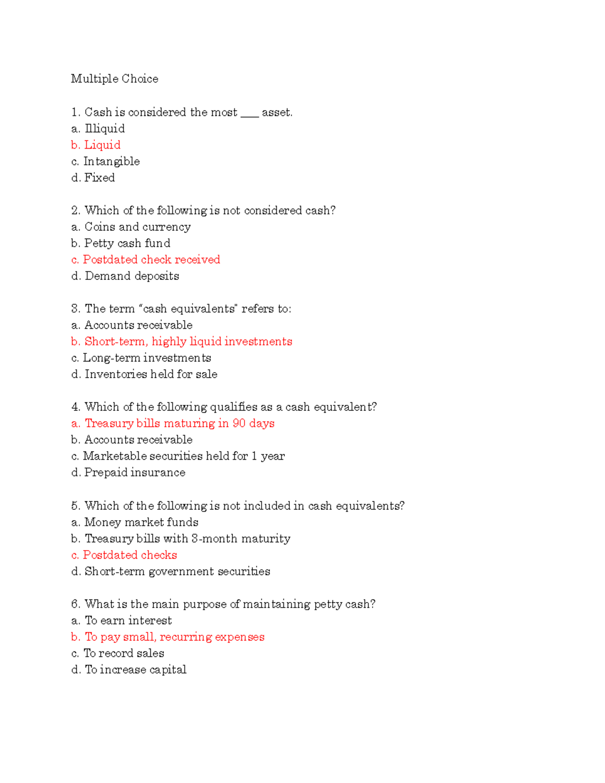 CASH & CASH Equivalents: Multiple Choice Questions (MCQ) - Studocu