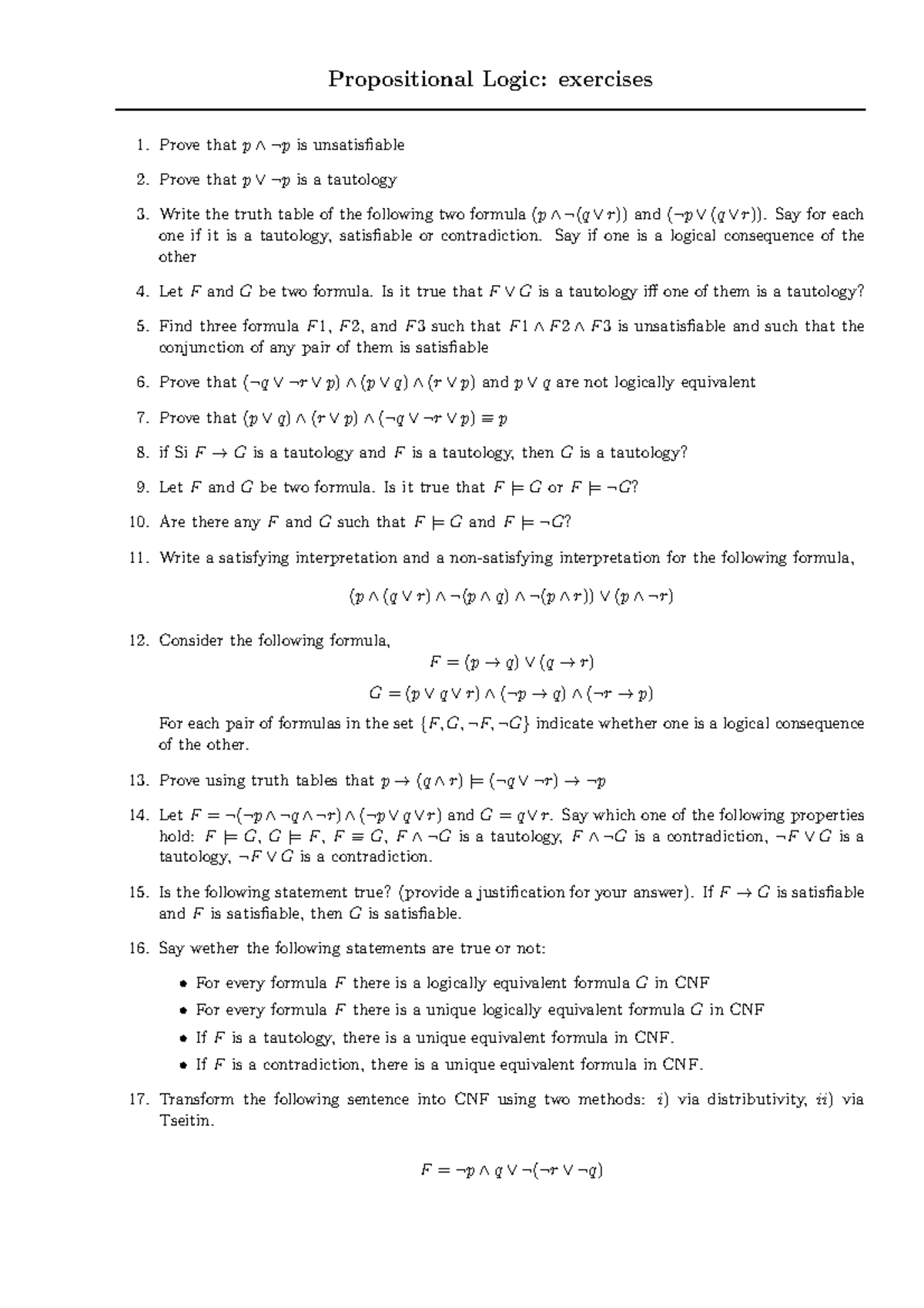 SAT Exercises: Propositional Logic Concepts and Proofs - Studocu
