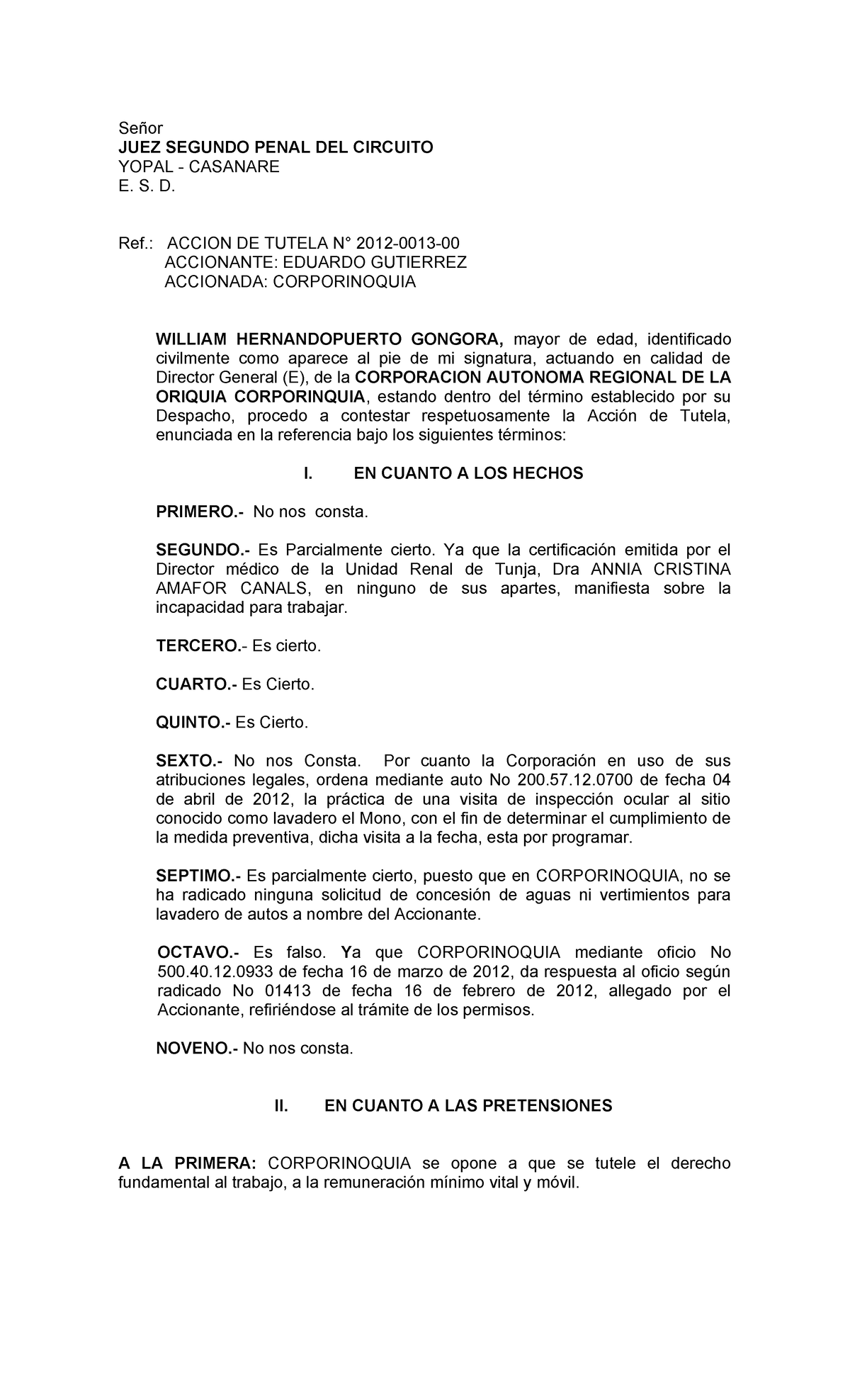 Contestación a la Acción de Tutela - Corporinoquia (Ref: 200.57.12.0700 ...
