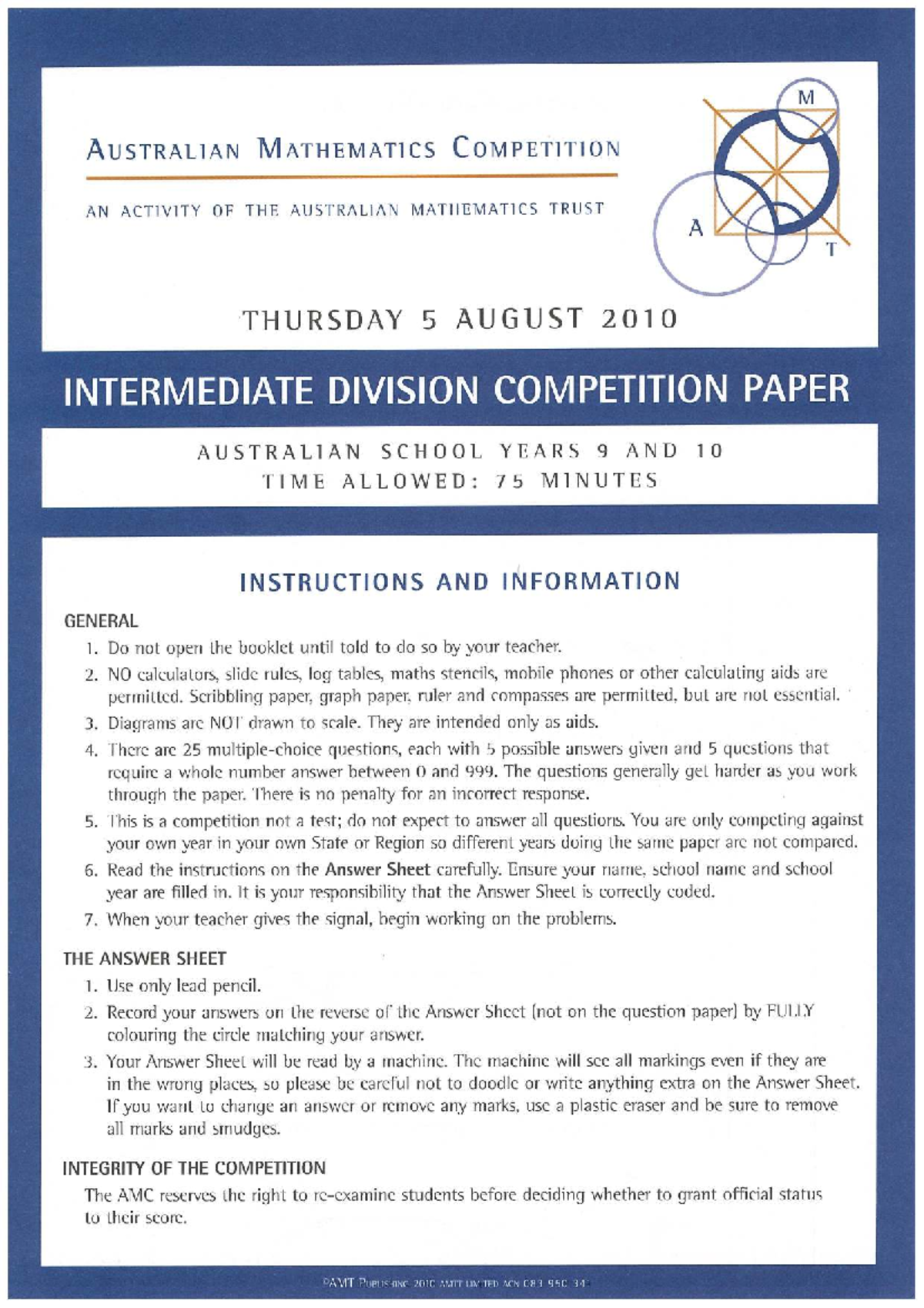 2010 AMC Intermediate Division Mathematics Competition Paper for Years ...