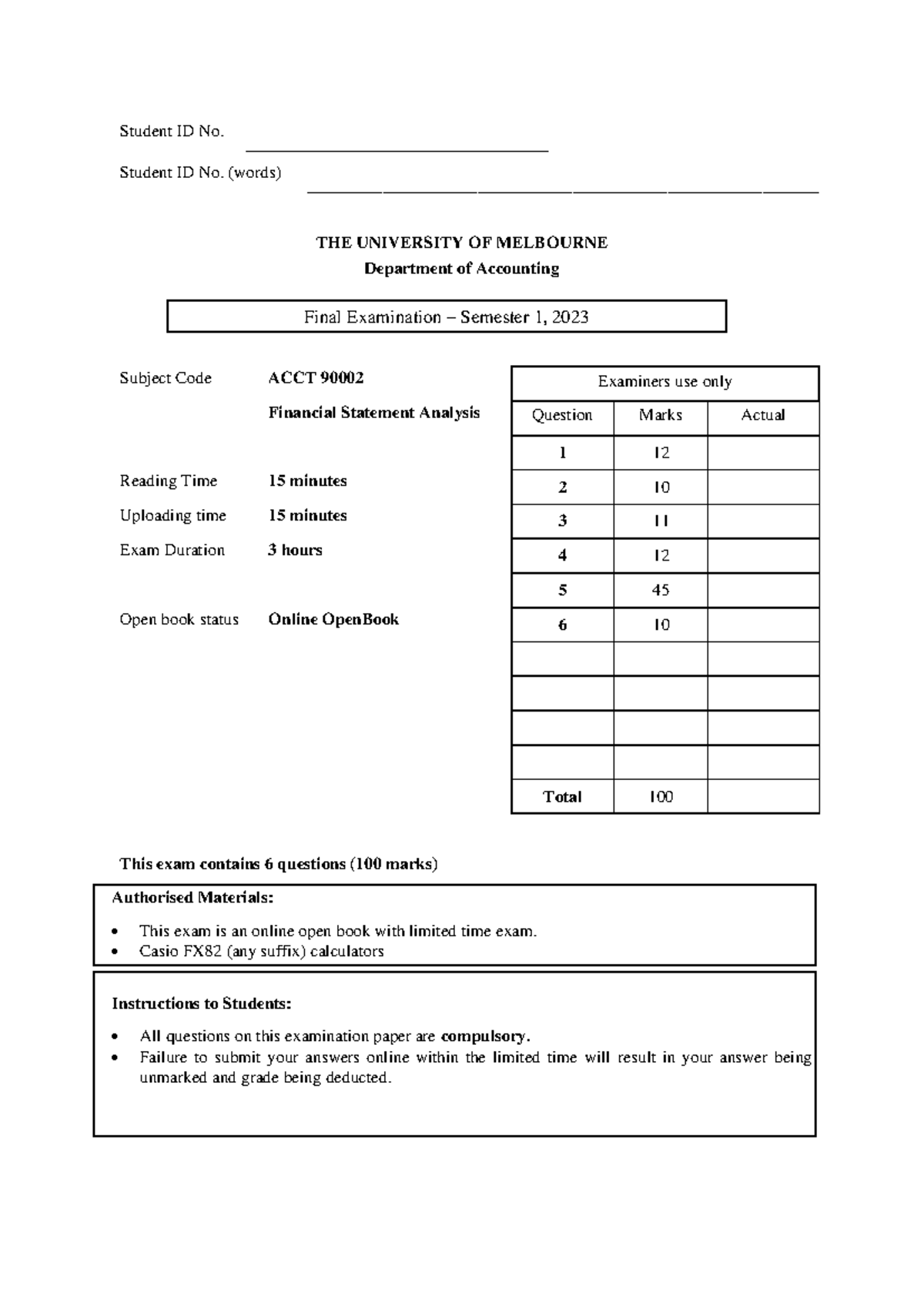 ACCT30001 Financial Statement Analysis Final Exam Semester 1, 2023 ...