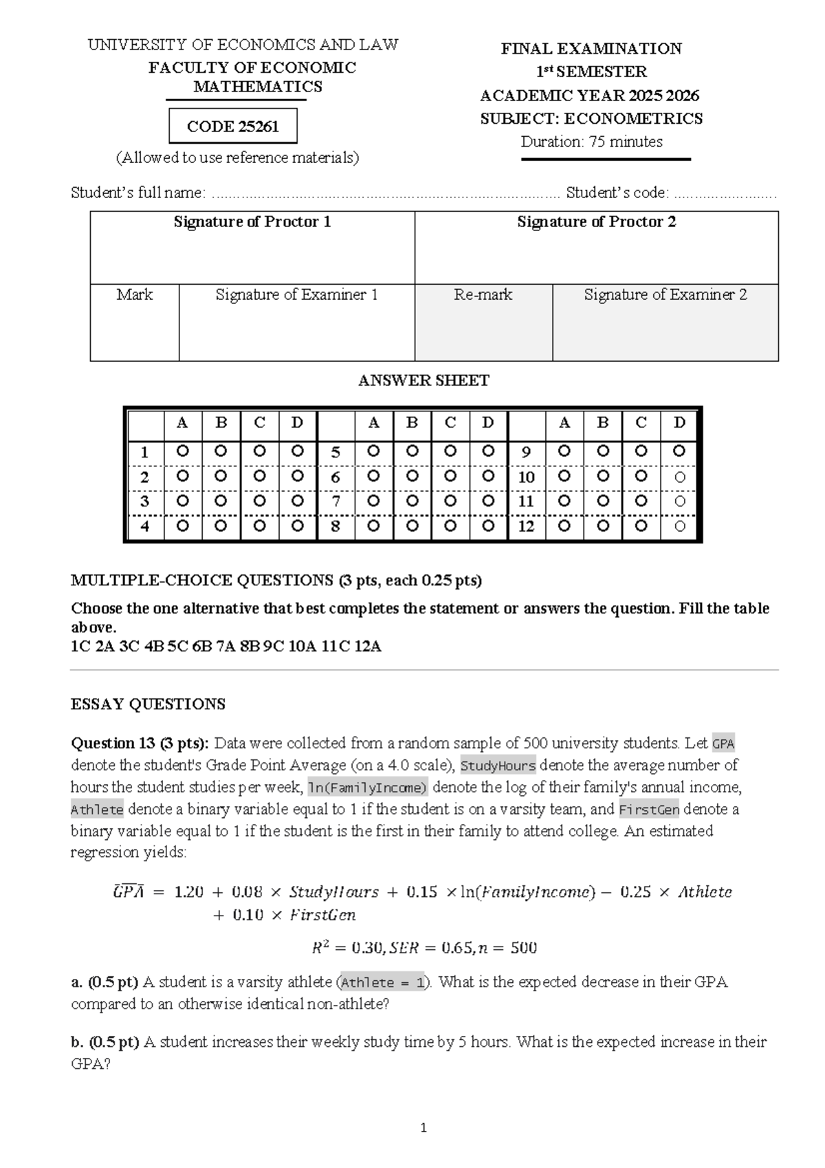KTL 25261 Econometrics Final Exam 1st Semester AY 2025-2026 - Studocu