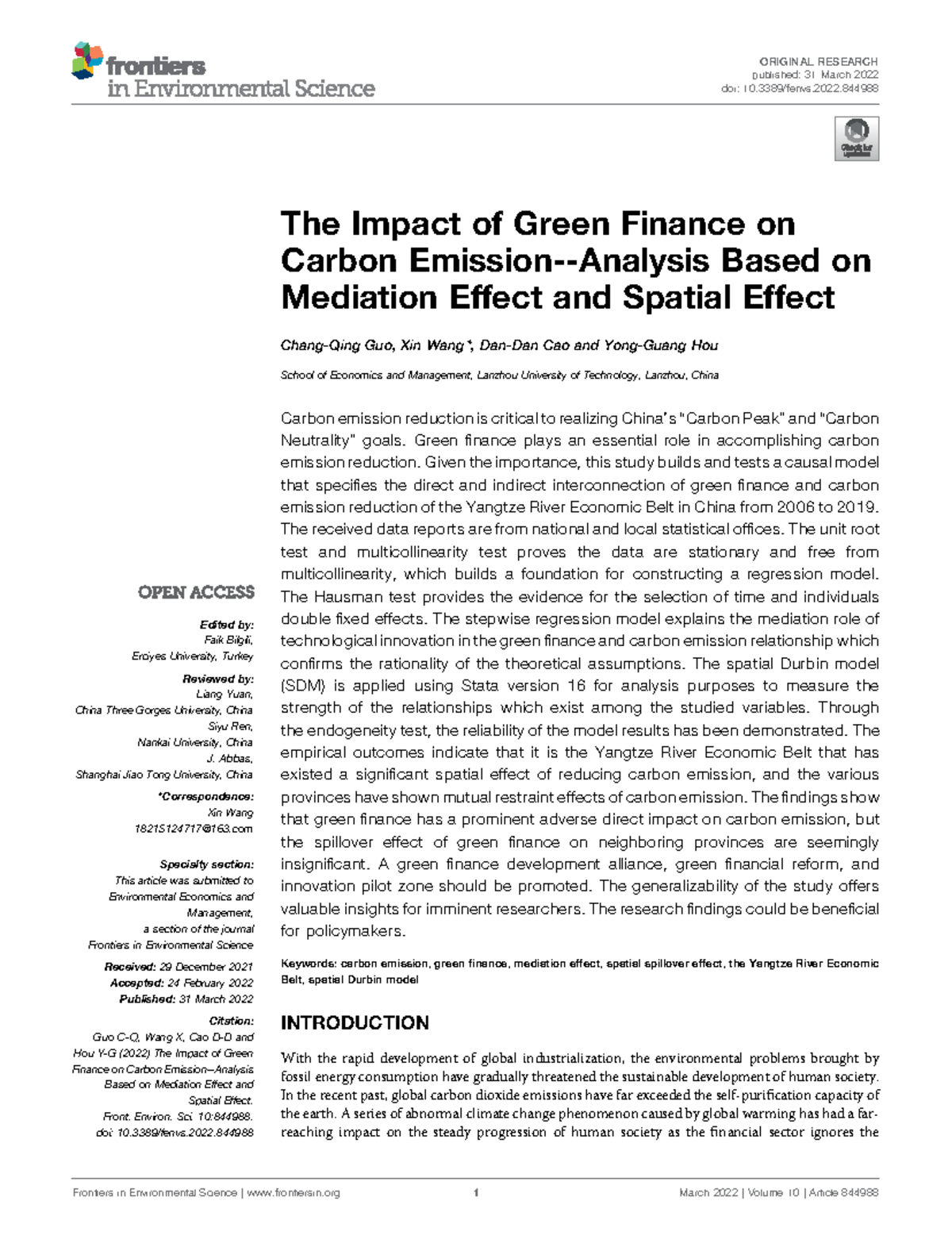 Fenvs-10-844988 - The Role of Green Finance in Carbon Emission ...