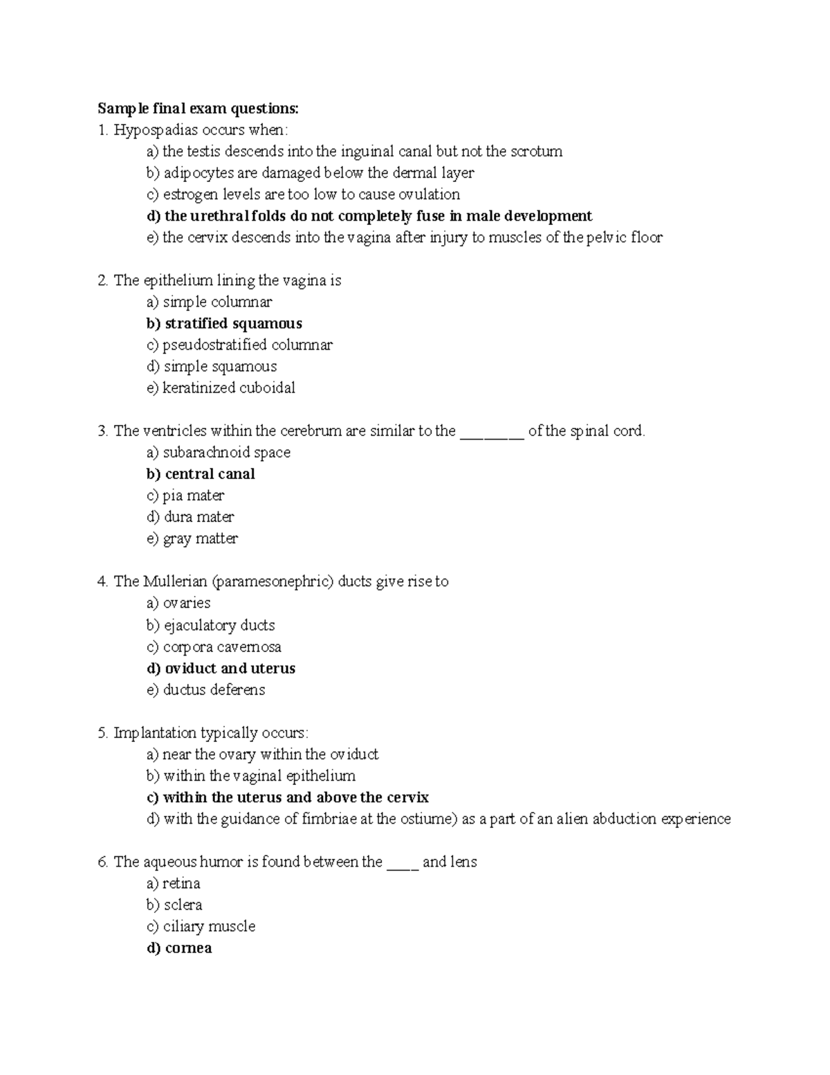 Sample Final Exam Questions for Human Anatomy and Physiology (ANAT 101 ...