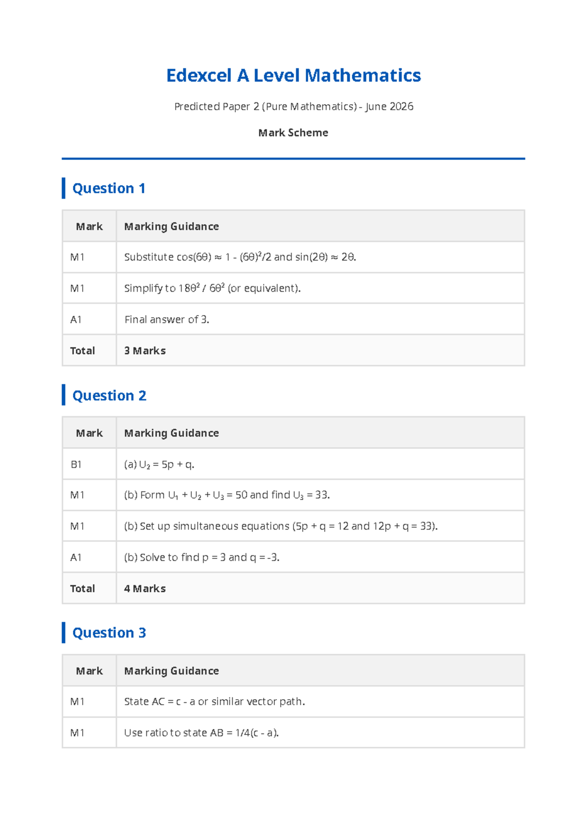 Edexcel A Level Mathematics Paper 2 Mark Scheme - June 2026 - Studocu