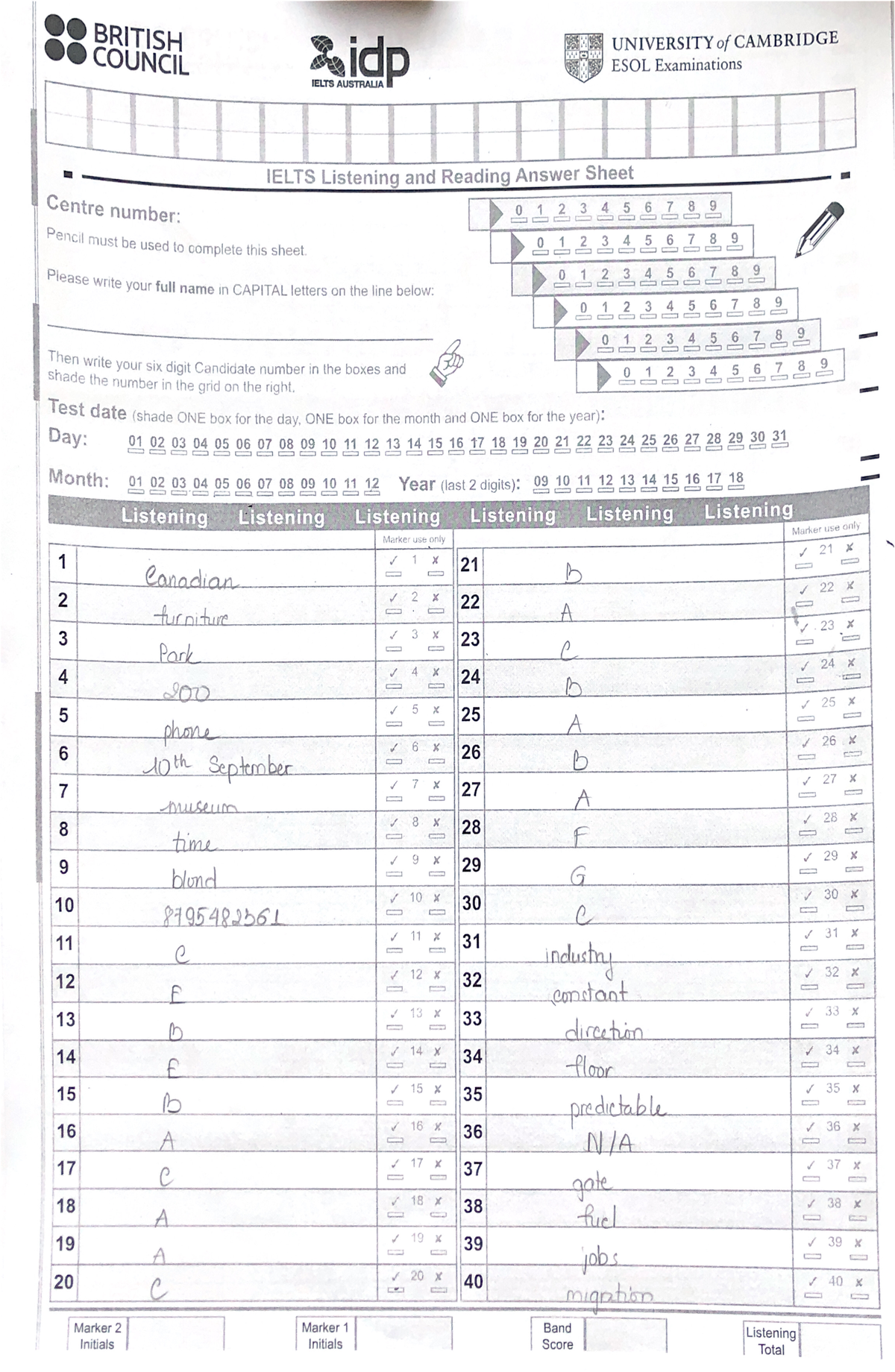IELTS Listening & Reading Answer Sheet - Candidate No. Details - Studocu