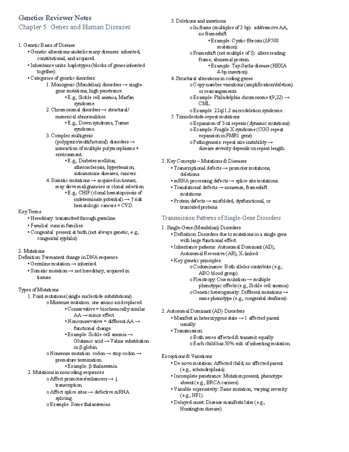 Genetics Reviewer Notes CH5: Genes & Human Diseases Overview - Studocu