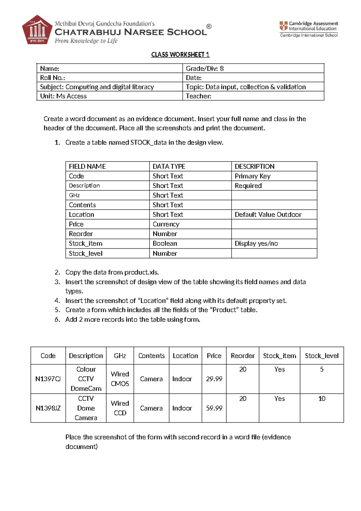 Access Worksheet 1 - Computing and Digital Literacy - Data Input - Studocu