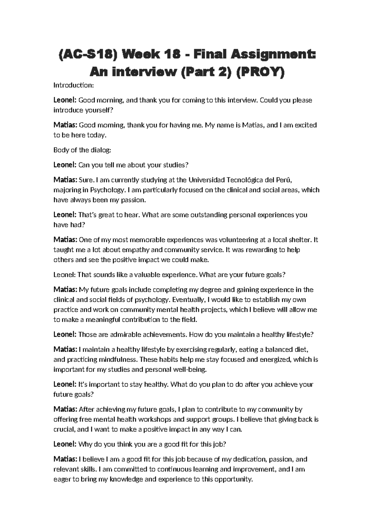 (AC-S18) Final Assignment Part 2: Interview Insights with Matias - Studocu