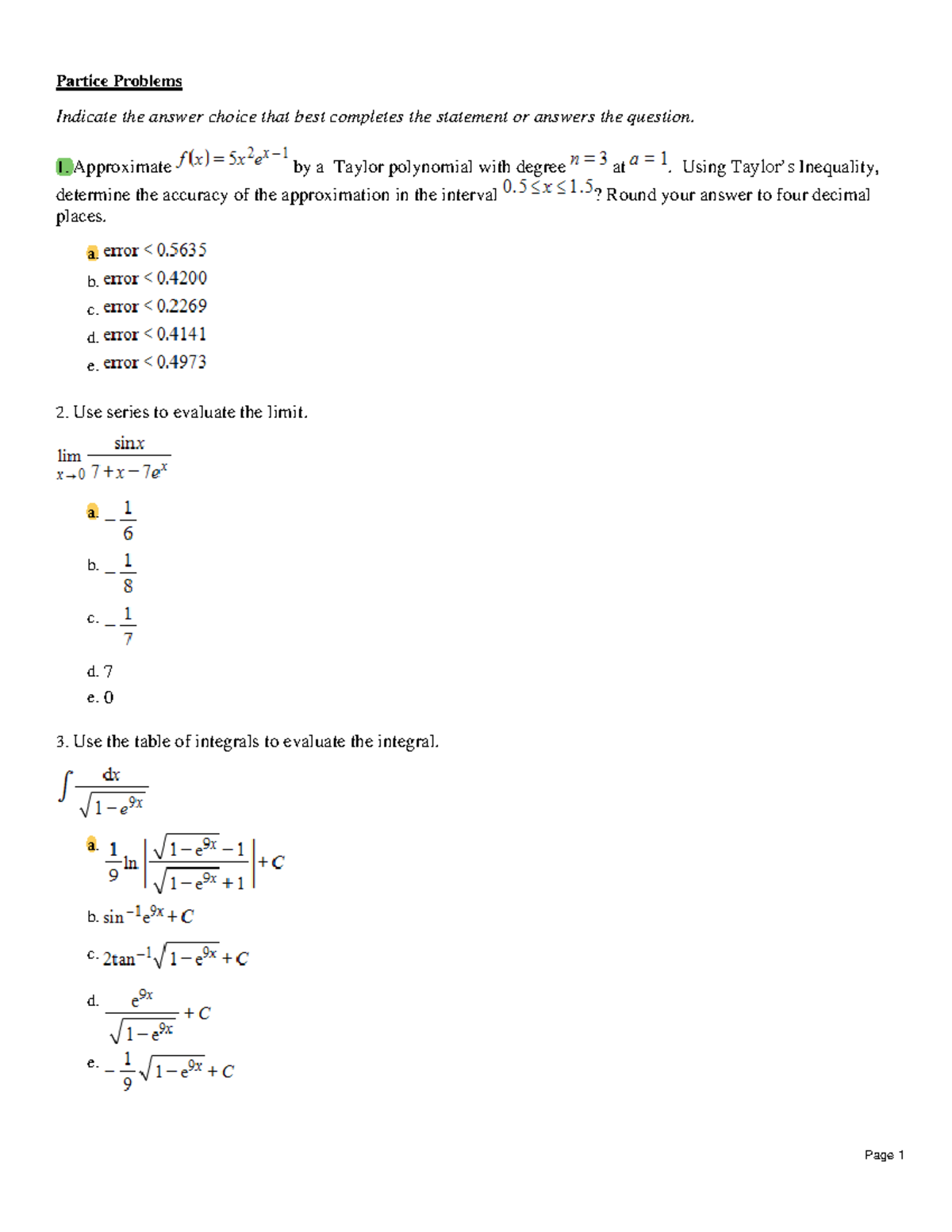 Practice Problems for Exam: Taylor Polynomials and Series Analysis ...