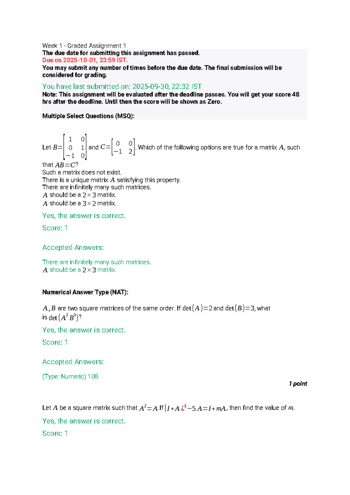 Week 1 Graded Assignment - Linear Algebra (LA101) - Studocu