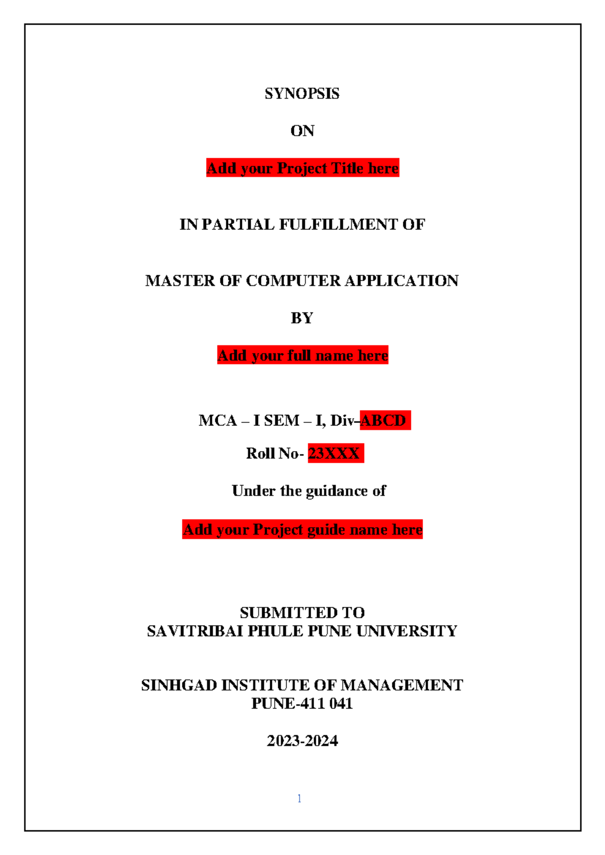 MCA I Sem I Synopsis Format for Project Submission 2023 - Studocu