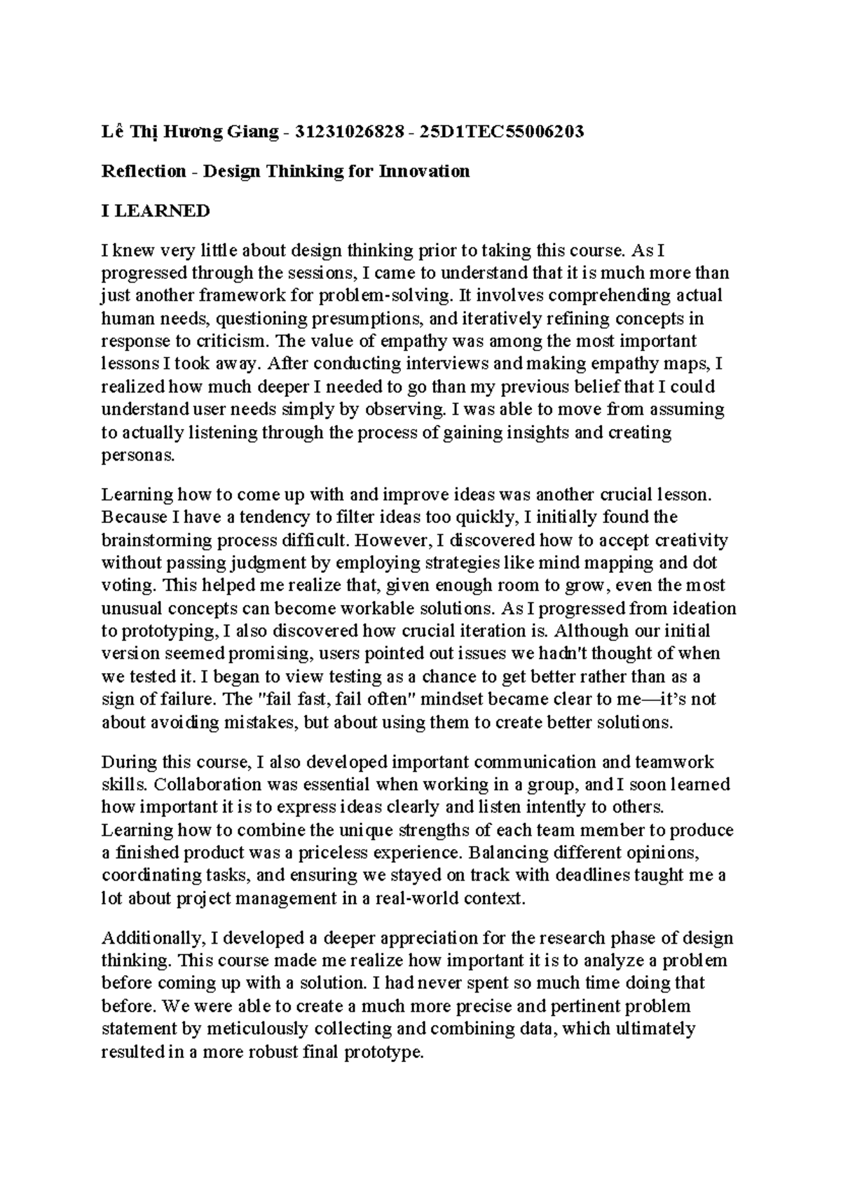 Reflection on Design Thinking for Innovation (Course Code ...