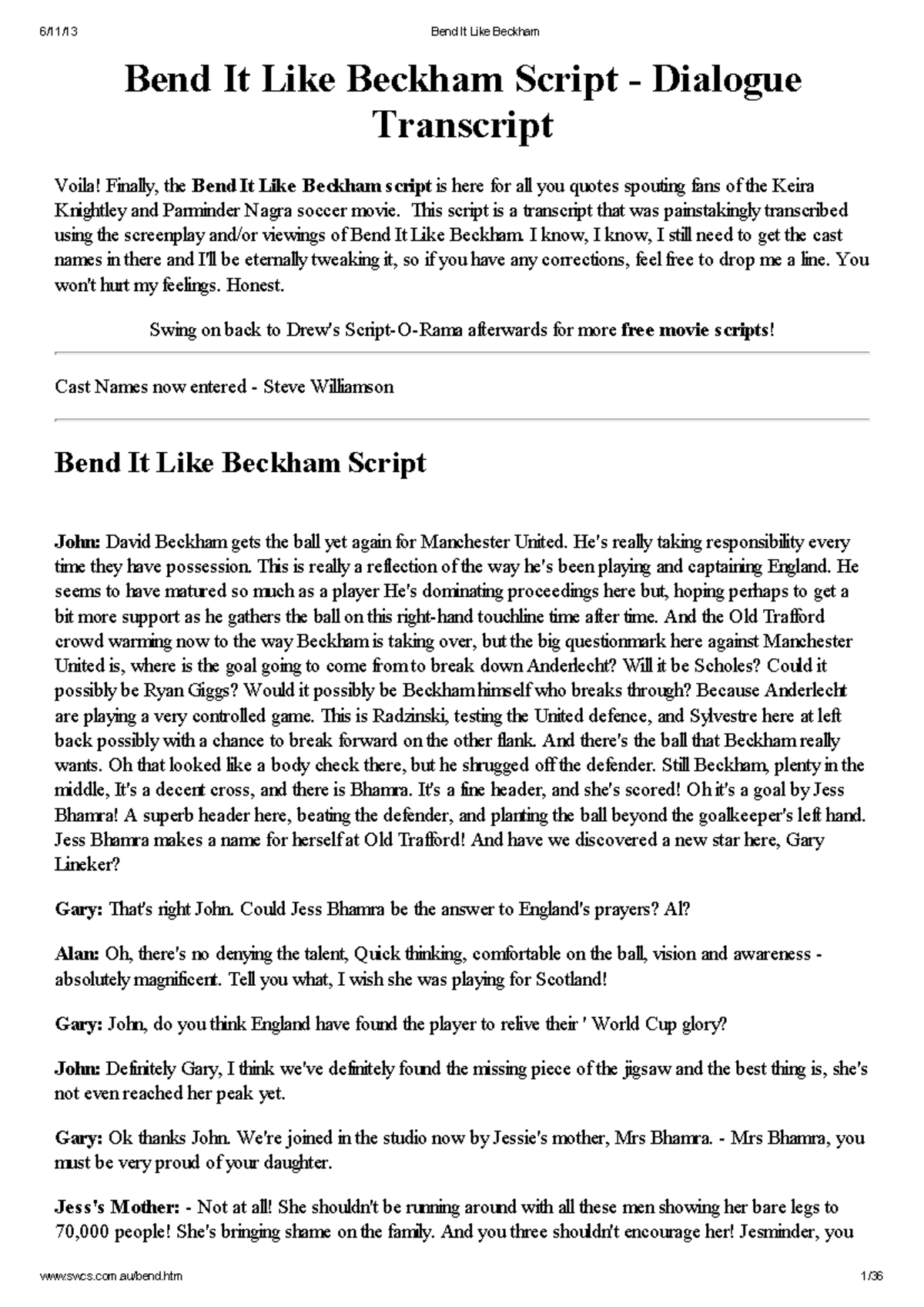 Bend It Like Beckham (Film) - Script & Dialogue Transcript - Studocu