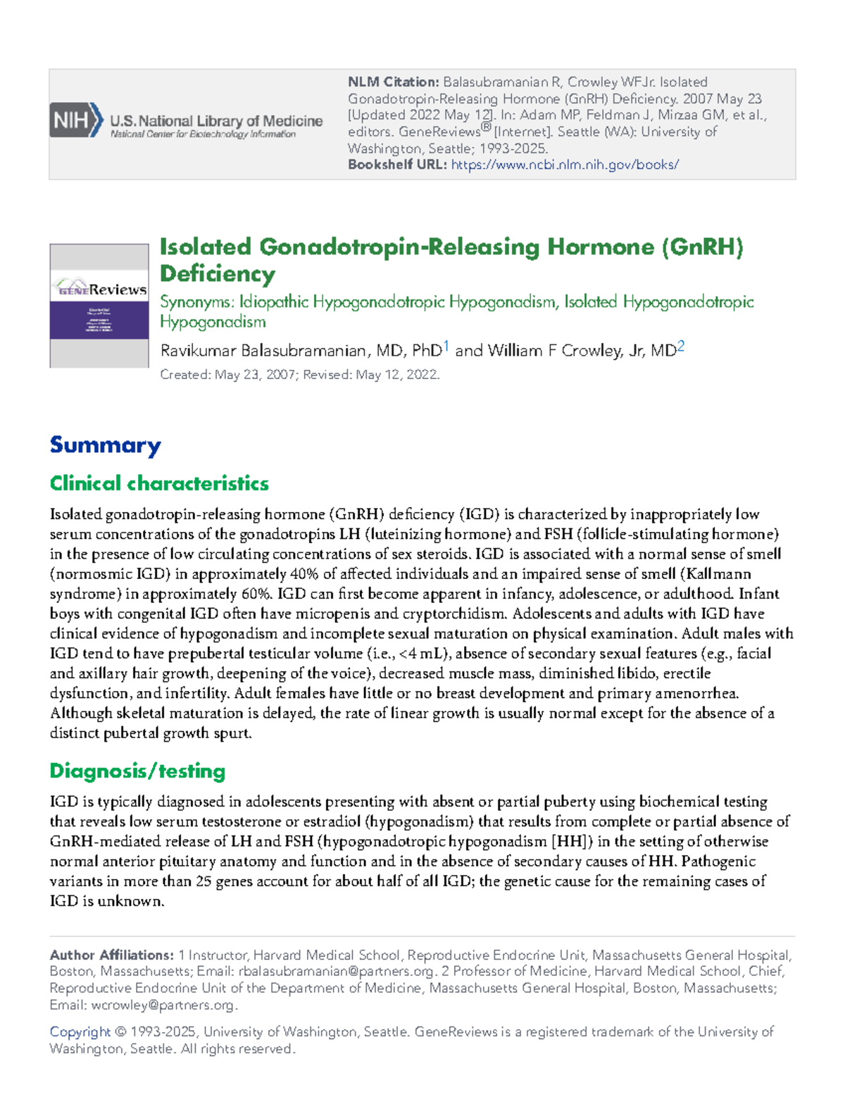 Bookshelf NBK1334 - NLM Citation: Balasubramanian R, Crowley WFJr ...