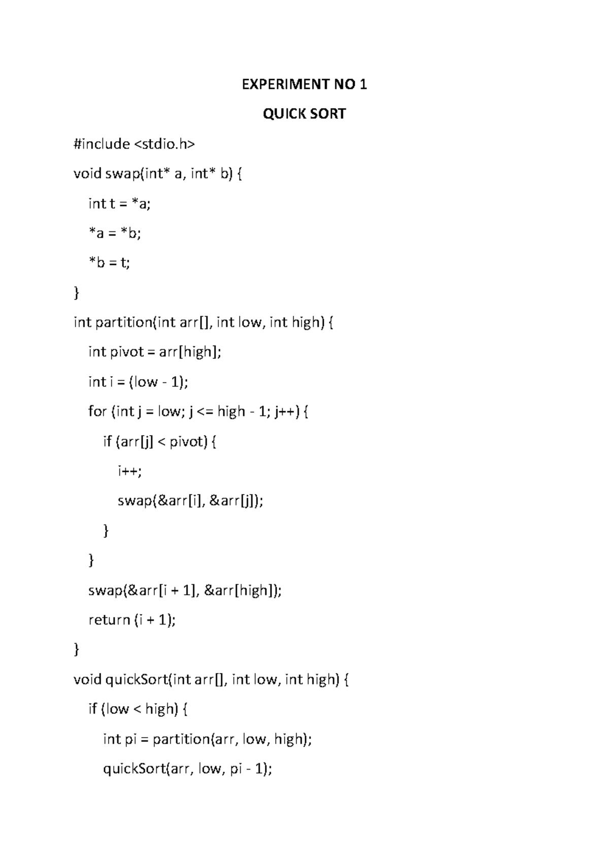 DATA Structure LAB FILE BCS 351 - EXPERIMENT NO 1 QUICK SORT #include ...