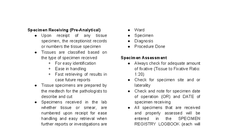 Histopathology Specimen Receiving & Processing Guide (HIST 101) - Studocu